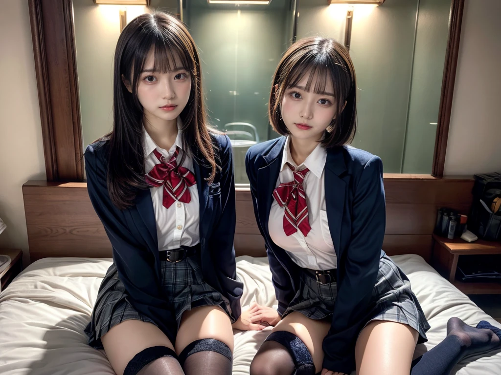 (8K, Raw photography, top-quality, ​masterpiece:1.2), master piece, best quality, illustration, Super detailed, fine details, High resolution, 8K,wall paper, perfect dynamic composition,(Details High quality, realistic depiction of eyes:1.3), ((2 girls, 2 schoolgirls)), The background is a luxury hotel room、High school girl uniform、blazer 、Super Short Check Uniform Skirt、Navy blue high socks、garterbelts、Colossal tits、Disturbed uniform, Play with each other,Touching each other's bodies,Touching the body of the girl next door, short bob hair, black hair color, huge breasts, Big Natural Color Lip, bold sexy pose, (perfect body shape), crying a little、cold gaze,  Beautiful makeup,glitter makeup,Cutest 18 years old, beautiful legs, hposing Gravure Idol, Voluptuous thighs