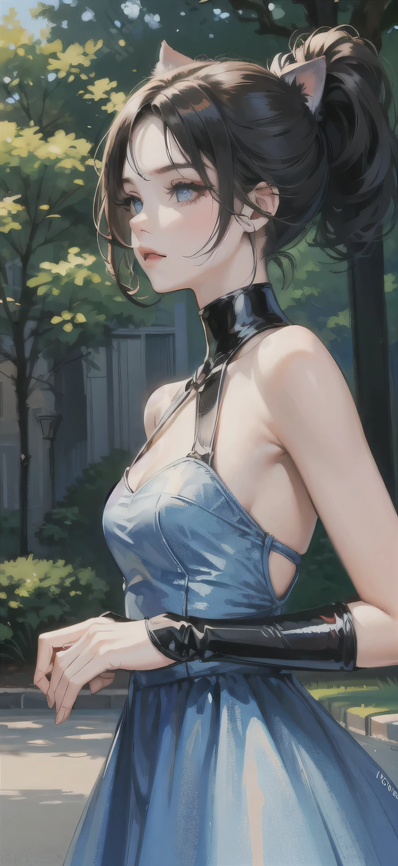 Adult girl, short black hair, high ponytail, blue eyes, cat ears, dark dress, open shoulders, stern look, masterpiece, high quality