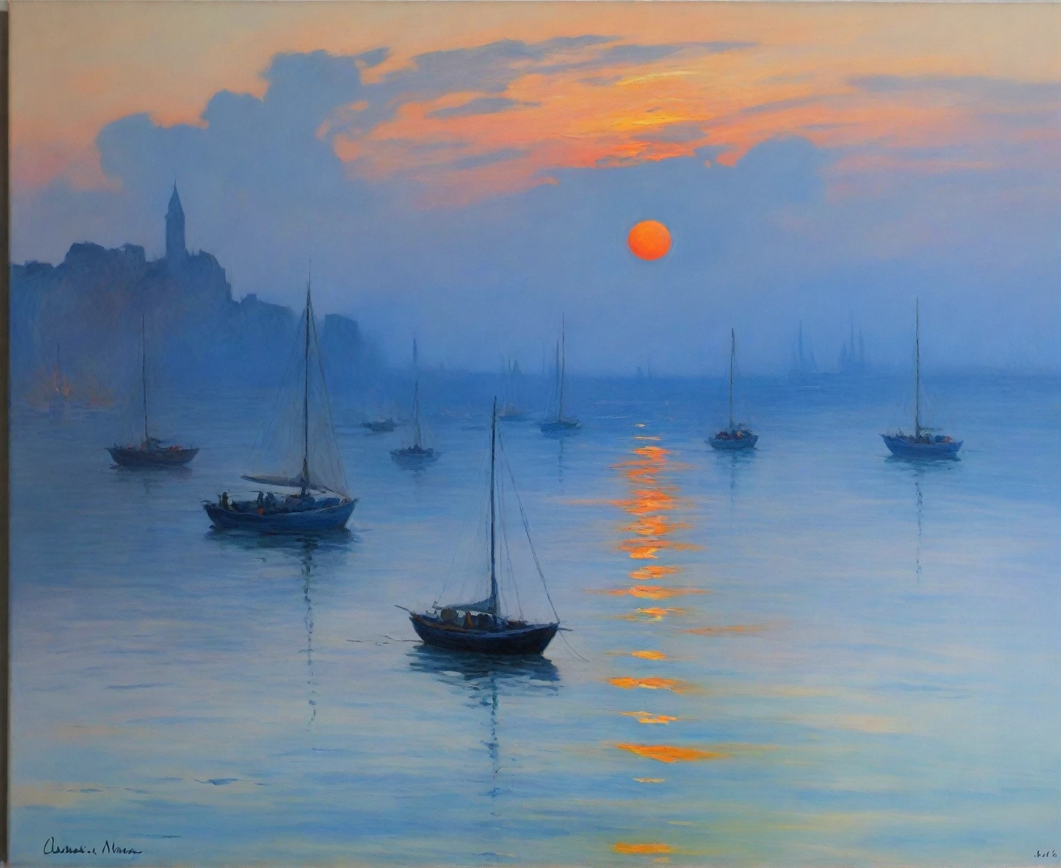 A painting of water and boats at sunset, many painting, Impressionism painting, many painted, many. stunning lighting, Impressionism, Impressionism艺术, Impressionism style, by claude many, 克劳德·Monet, many style, Impressionism艺术ists, Impressionism, style of many, claude many), an Impressionism, charles many, author：Monet, Impressionism and expressionism