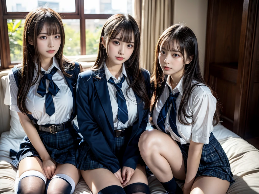 (8K, Raw photography, top-quality, masterpiece:1.2), master piece, best quality, illustration, Super detailed, fine details, High resolution, 8K,wall paper, perfect dynamic composition,(Details High quality, realistic depiction of eyes:1.3), ((2 girls, 2 schoolgirls)), The background is a luxury hotel room、High school girl uniform、blazer 、Super Short Check Uniform Skirt、Navy blue high socks、garterbelts、Colossal tits、Disturbed uniform, Play with each other,Touching each other's bodies,Touching the body of the girl next door, short bob hair, black hair color, huge breasts, Big Natural Color Lip, bold sexy pose, (perfect body shape), crying a little、cold gaze, Beautiful makeup,glitter makeup,Cutest 18 years old, beautiful legs, hposing Gravure Idol, Voluptuous thighs