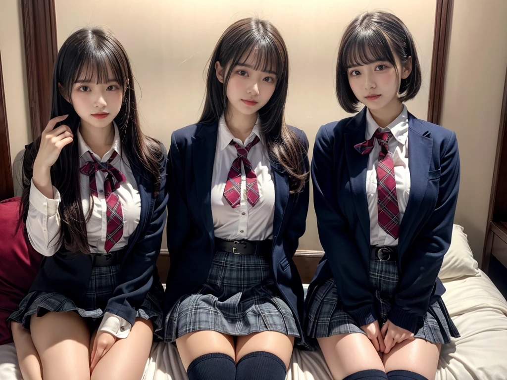 (8K, Raw photography, top-quality, masterpiece:1.2), master piece, best quality, illustration, Super detailed, fine details, High resolution, 8K,wall paper, perfect dynamic composition,(Details High quality, realistic depiction of eyes:1.3), ((2 girls, 2 schoolgirls)), The background is a luxury hotel room、High school girl uniform、blazer 、Super Short Check Uniform Skirt、Navy blue high socks、garterbelts、Colossal tits、Disturbed uniform, Play with each other,Touching each other's bodies,Touching the body of the girl next door, short bob hair, black hair color, huge breasts, Big Natural Color Lip, bold sexy pose, (perfect body shape), crying a little、cold gaze, Beautiful makeup,glitter makeup,Cutest 18 years old, beautiful legs, hposing Gravure Idol, Voluptuous thighs