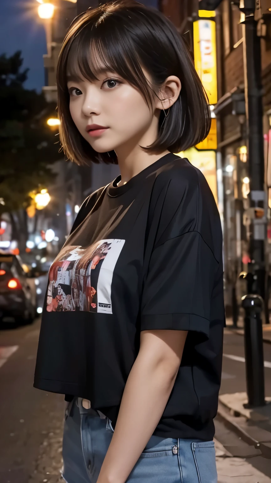 T-Shirts:1.3, City of night:1.2, Medium Bob, ponytail