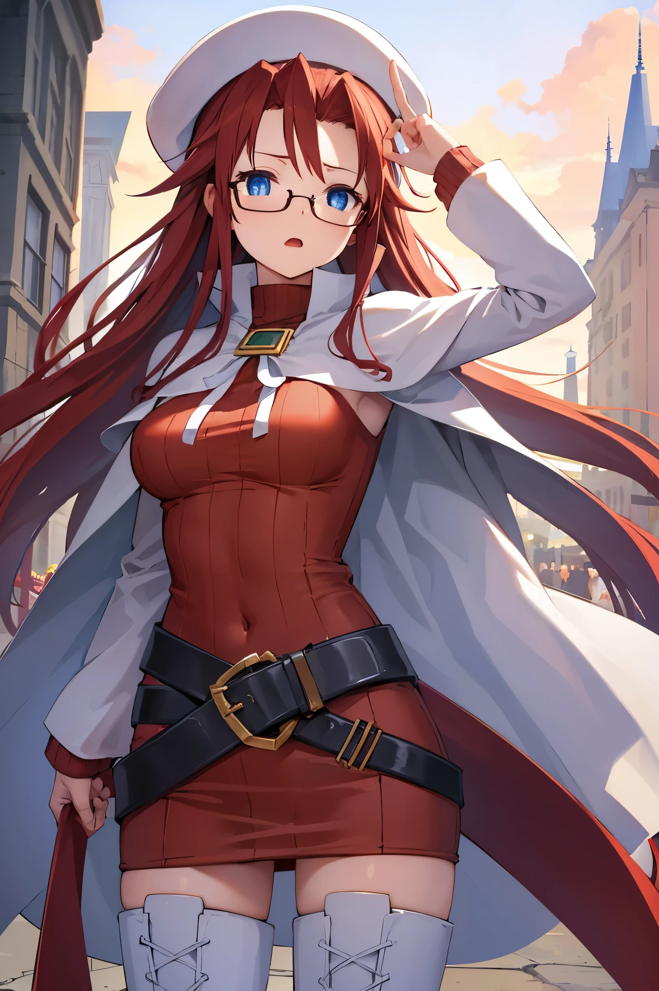 summonnightaty, aty, (young:1.3),long hair, blue eyes, red hair, large_beret, hat, glasses,
BREAK long hair, thighhighs, hat, dress, boots, glasses, belt, cape, sweater, zettai ryouiki, beret, thigh boots, white footwear, ribbed sweater, loose belt,solo,
BREAK outdoors, fantasy,on_cobblestone
,,Highquality_hads,perfect_fingers,
BREAK (masterpiece:1.2), best quality, high resolution, unity 8k wallpaper, (illustration:0.8), (beautiful detailed eyes:1.6), extremely detailed face, perfect lighting, extremely detailed CG, (perfect hands, perfect anatomy),covered_nipples,covered_navel ,half_eyes:,long_sword,armpit,sleepy,dynamic_fighting_pose,barrel,red_sweater,apart_legs,magical_effect,spread_legs, have_a_book,teacher,rise_knee,angry,open_mouth,rise_hand,shout,