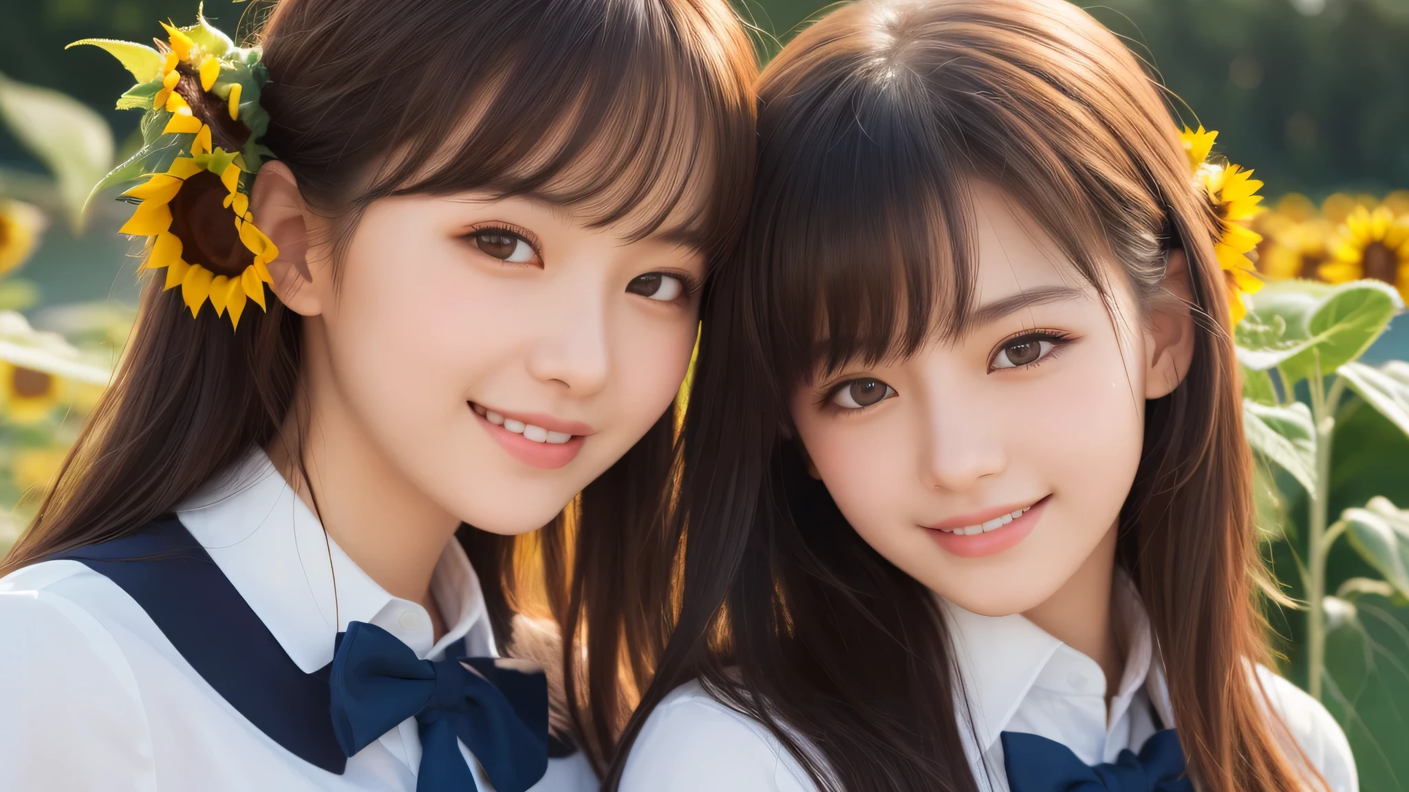 (2girl), refreshing smiles, (high school uniform), (Best Quality:1.4), Realistic, extremely detailed CG unified 8k wallpaper, highly detailed, High-definition raw color photos, professional photography, Realistic portrait, Beautiful detailed, Close up portrait of girl, Outdoors, Beautiful scenery, (Surrounded by many sunflowers:1.2), (Fine face:1.2),