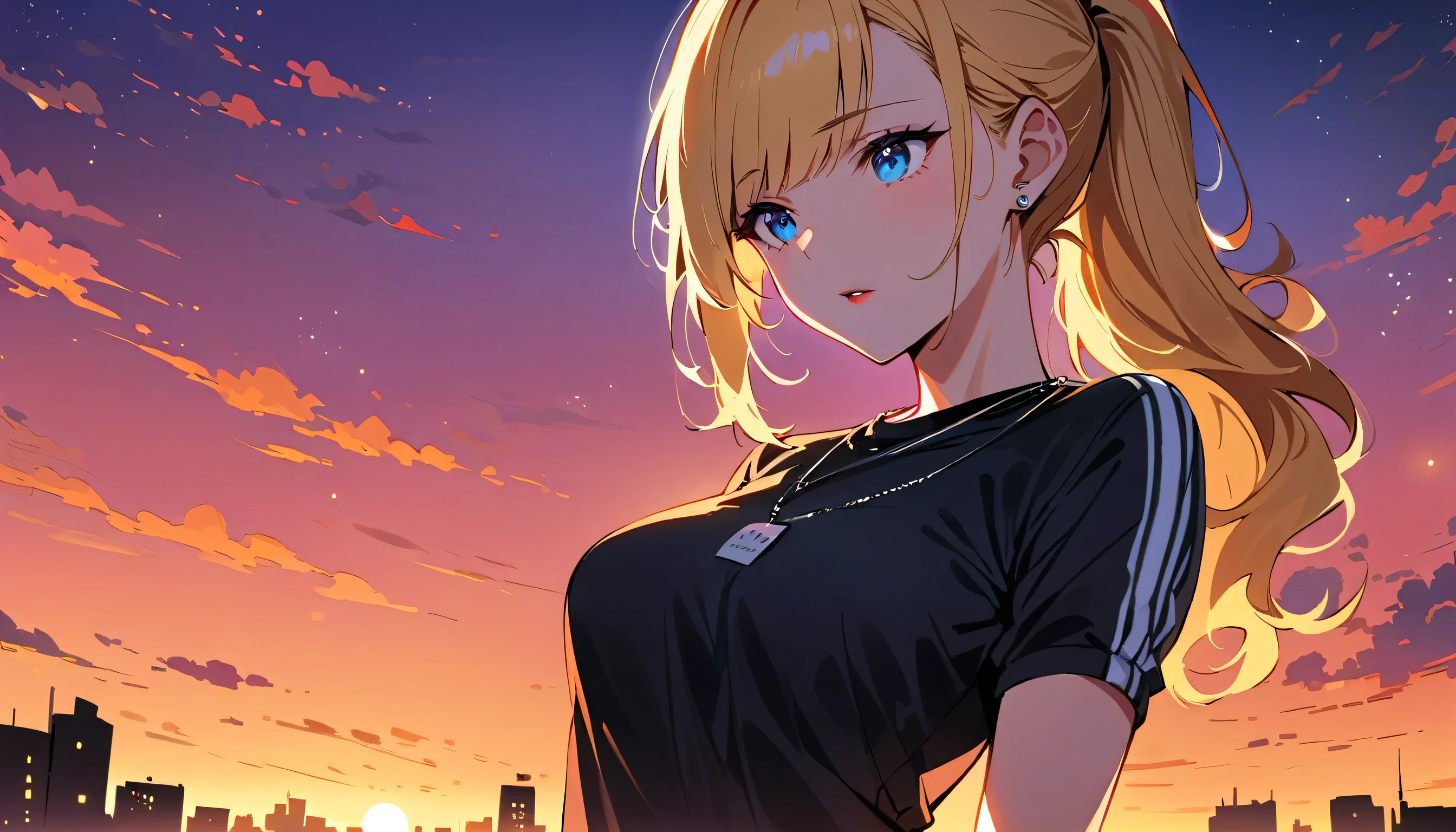 (masterpiece), best quality, expressive eyes, perfect face, blonde hair, blue eyes, yellow_earrings, necklace , mature woman (27 years old), Red lipstick, medium breasts, medium legs, peircings, bangs, tsurime Eyes ,background sunset, ponytail, soft lighting, light makeup, smille, gym outfit (black and white), standing, a city in the background, sun goes down, wearing a jeans and a black top,
