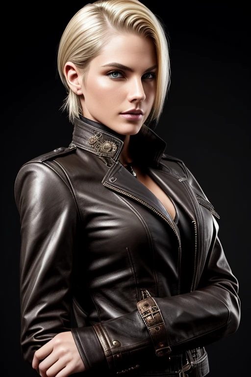 Gorgeous european steampunk woman with short straight neck length hair, wet hair, hair slicked back, slick hair, blonde hair, in a leather jacket with nothing underneath, solid black background