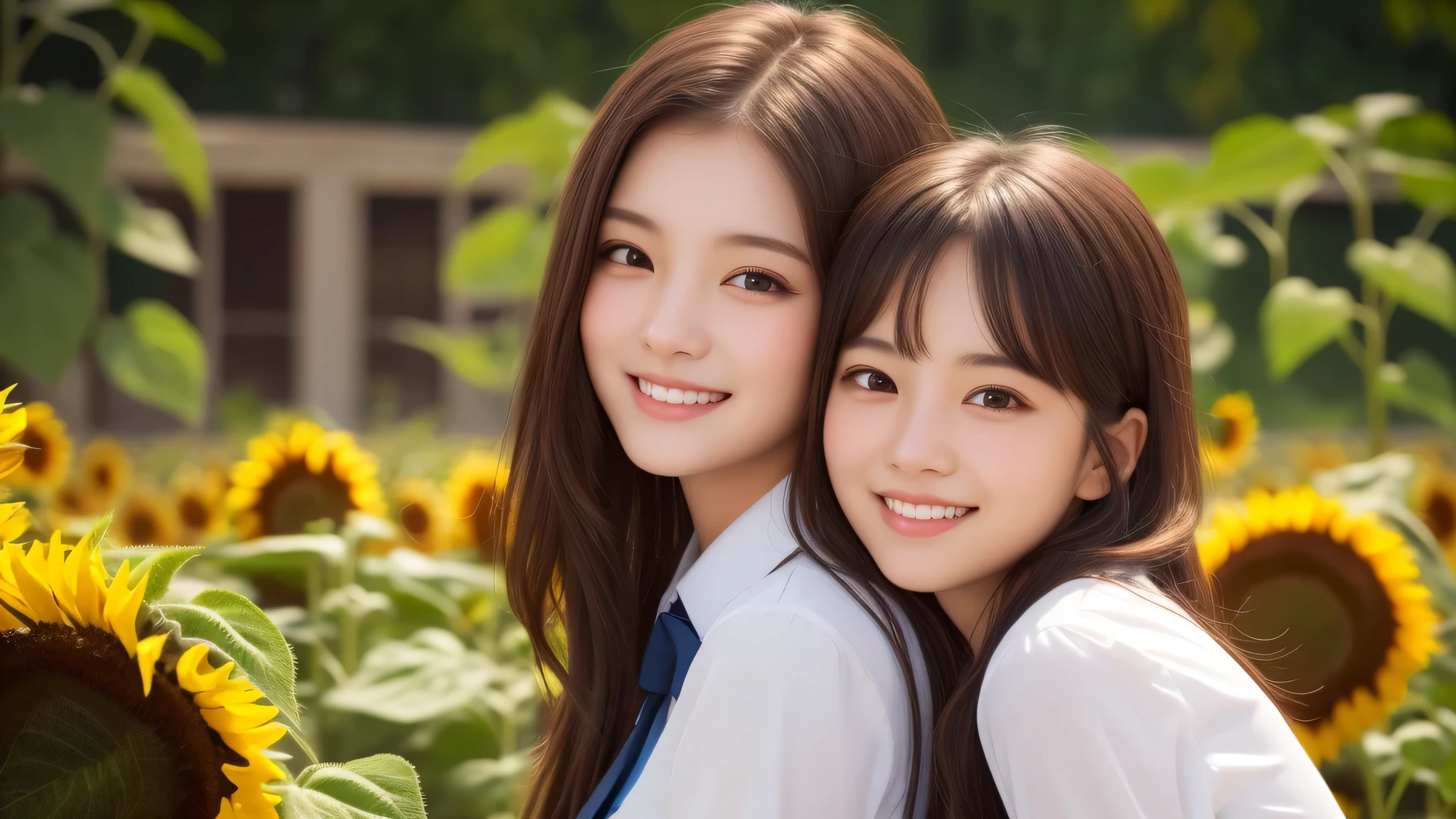 (2girl), refreshing smiles, (high school uniform), (Best Quality:1.4), Realistic, extremely detailed CG unified 8k wallpaper, highly detailed, High-definition raw color photos, professional photography, Realistic portrait, Beautiful detailed, Close up portrait of girl, Outdoors, Beautiful scenery, (Surrounded by many sunflowers:1.2), (Fine face:1.2), 