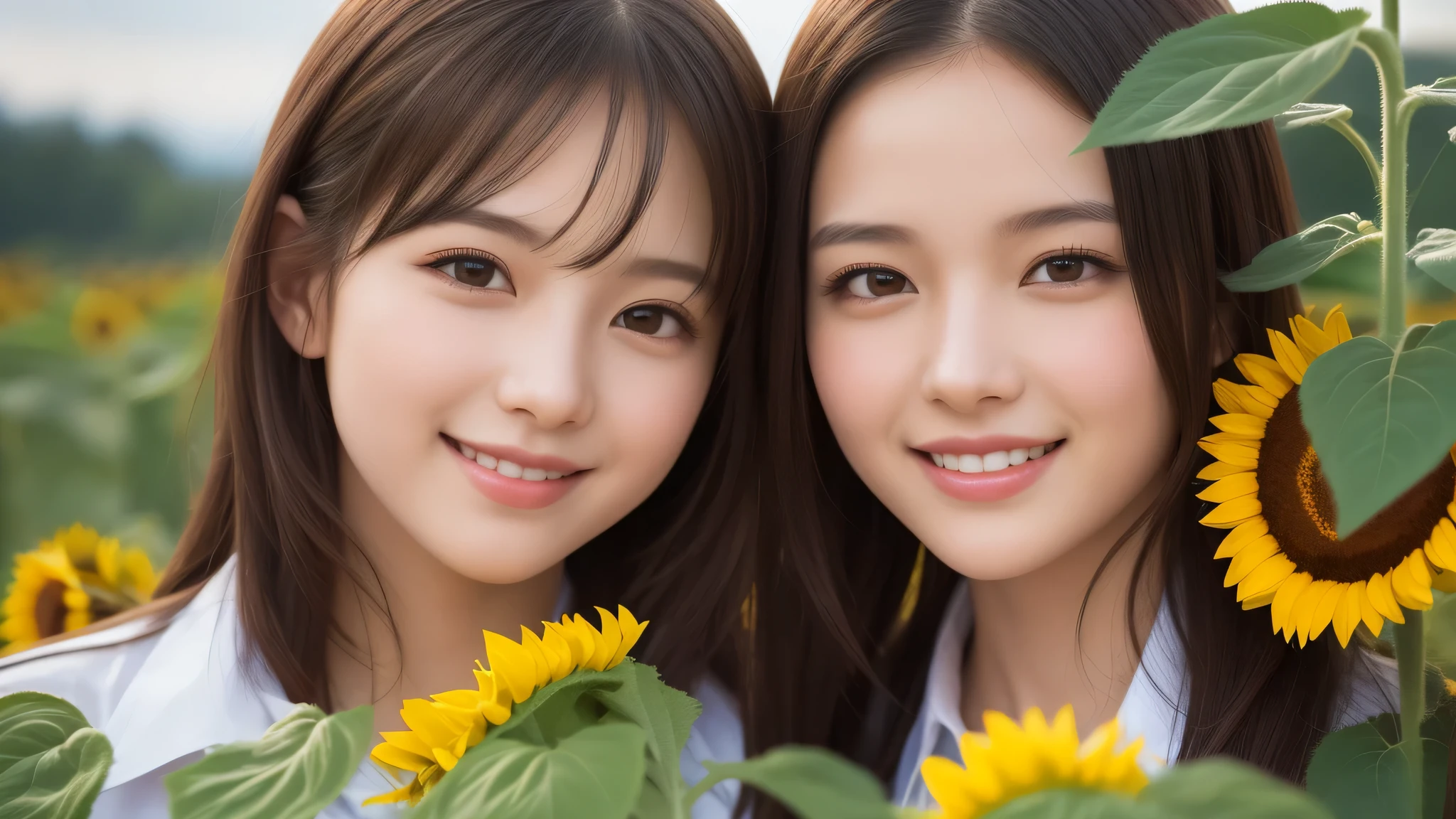 (2girl), refreshing smiles, (high school uniform), (Best Quality:1.4), Realistic, extremely detailed CG unified 8k wallpaper, highly detailed, High-definition raw color photos, professional photography, Realistic portrait, Beautiful detailed, Close up portrait of girl, Outdoors, Beautiful scenery, (Surrounded by many sunflowers:1.2), (Fine face:1.2),