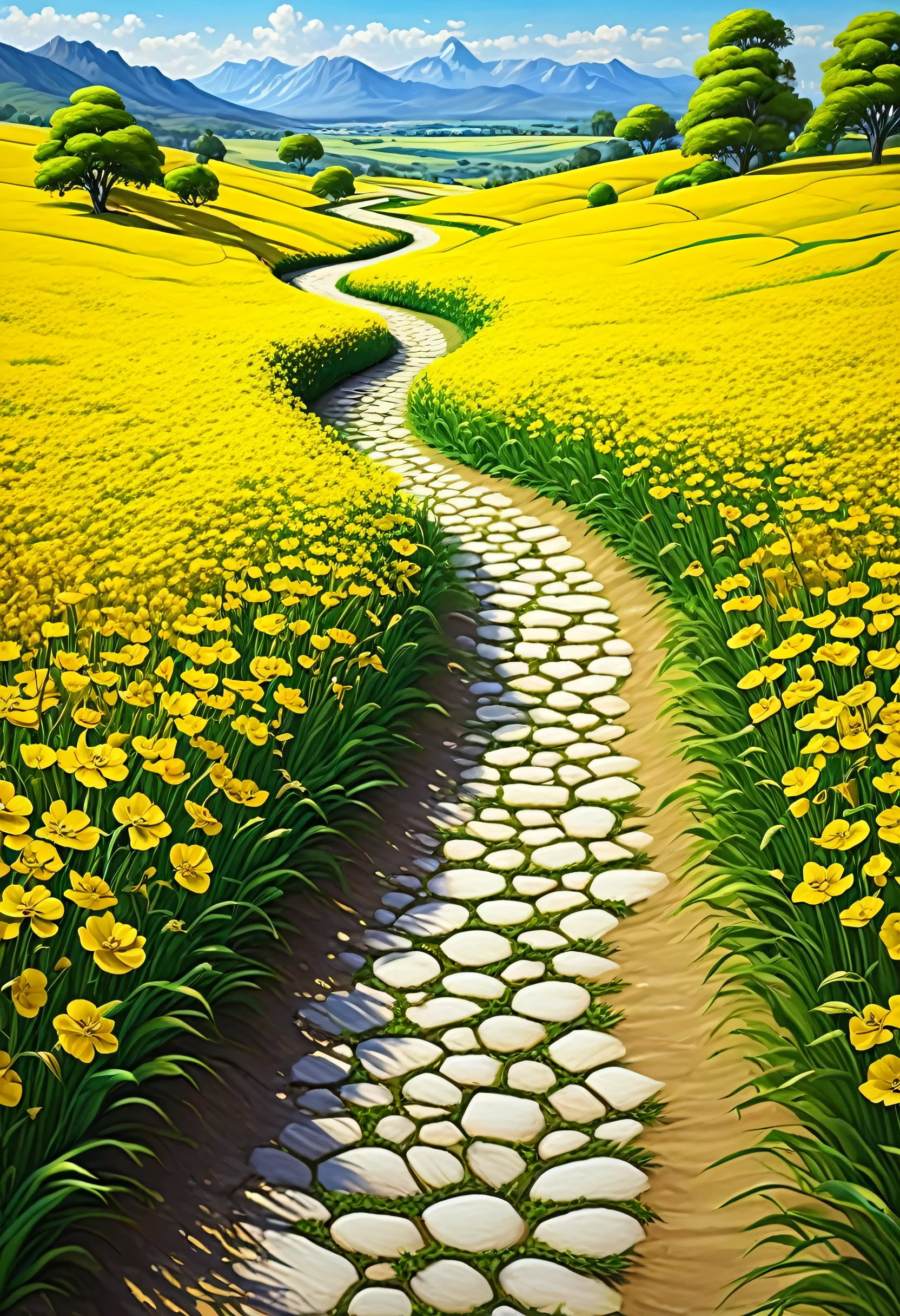a field of yellow flowers, a path winding through the flowers, landscape art, natural scenery, pathway to paradise, floral landscape, 3d virtual landscape painting, digital art painting, oil painting landscape, scenic oil painting, smooth oil painting, fantasy landscape, 4k ultra detailed oil painting