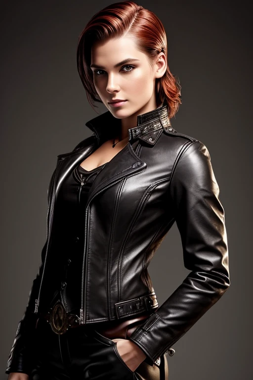 Gorgeous european steampunk woman with short straight neck length hair, wet hair, hair slicked back, slick hair, auburn hair, in a leather jacket with nothing underneath, solid black background