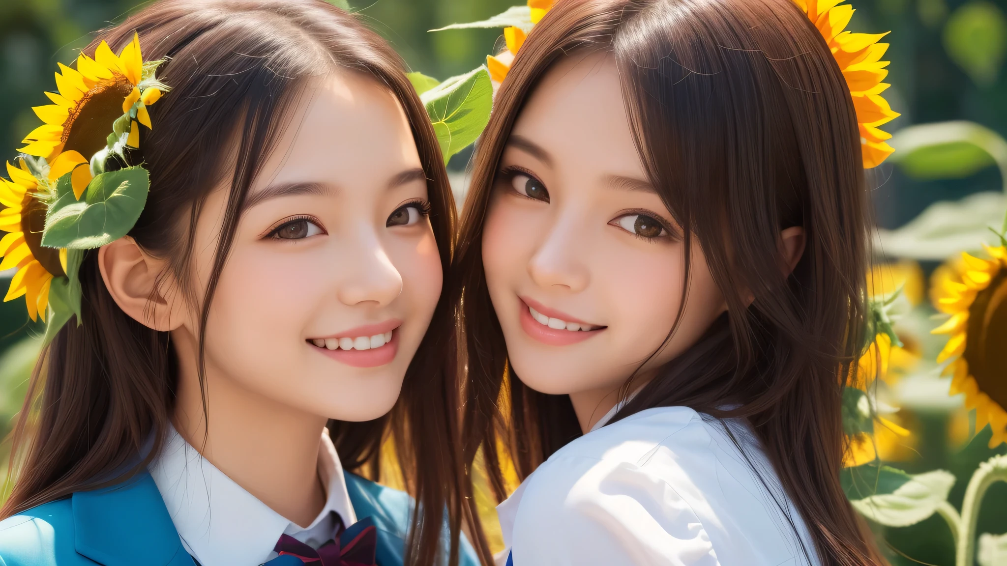 (2girl), refreshing smiles, (high school uniform), (Best Quality:1.4), Realistic, extremely detailed CG unified 8k wallpaper, highly detailed, High-definition raw color photos, professional photography, Realistic portrait, Beautiful detailed, Close up portrait of girl, Outdoors, Beautiful scenery, (Sunflowers spreading around, Surrounded by many sunflowers:1.3), (Fine face:1.2),