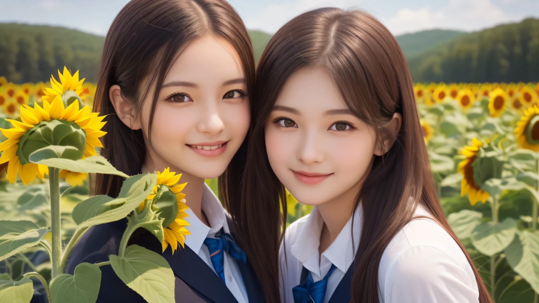 (2girl), refreshing smiles, (high school uniform), (Best Quality:1.4), Realistic, extremely detailed CG unified 8k wallpaper, highly detailed, High-definition raw color photos, professional photography, Realistic portrait, Beautiful detailed, Close up portrait of girl, Outdoors, Beautiful scenery, (Sunflowers spreading around, Surrounded by many sunflowers:1.3), (Fine face:1.2),