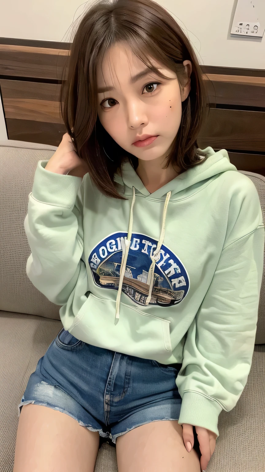 ((highest quality, 8k, masterpiece: 1.3)), 1 female, Japanese Idols,Sensual beauty: 1.3, (Hair style brown hair short hair, big: 1.2), hoodie: 1.1, Very friendly face, Delicate eyes, double eyelid, Dimples,Mole, Sit on the sofa,relax,Plump body,Mole,Very thick legs,Moe sleeves,Cowboys photographed from above,Wrinkles on the bridge of the nose,Frown,Sour face,