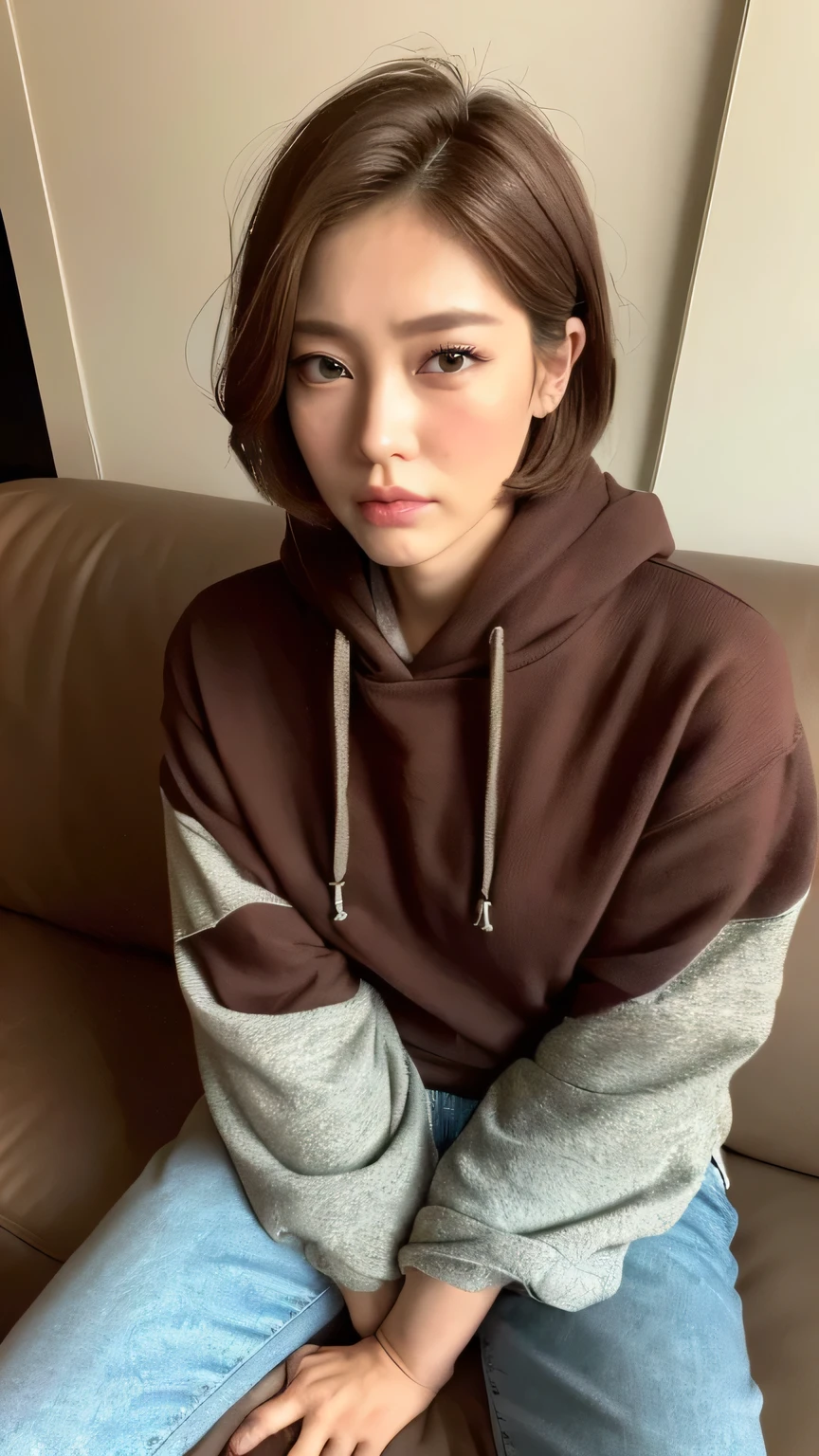 ((highest quality, 8k, masterpiece: 1.3)), 1 female, Japanese Idols,Sensual beauty: 1.3, (Hair style brown hair short hair, big: 1.2), hoodie: 1.1, Very friendly face, Delicate eyes, double eyelid, Dimples,Mole, Sit on the sofa,relax,Plump body,Mole,Very thick legs,Moe sleeves,Cowboys photographed from above,Wrinkles on the bridge of the nose,Frown,Sour face,