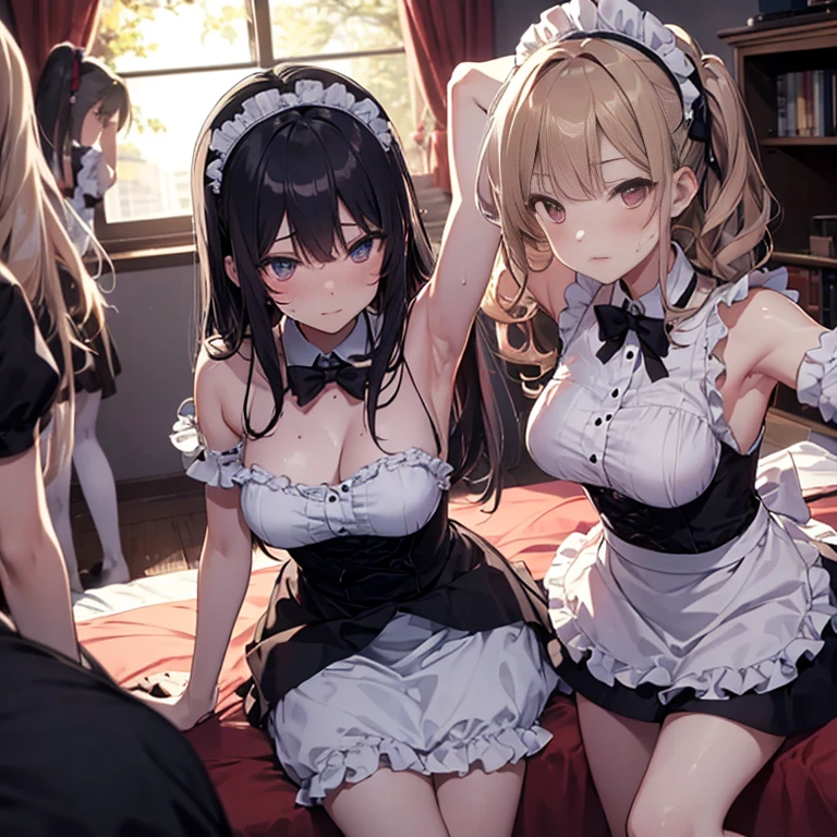 A group of maids, (in bedroom), various hair styles, harem, night, details face, short skirt, seducing, sleeveless, sweaty armpits