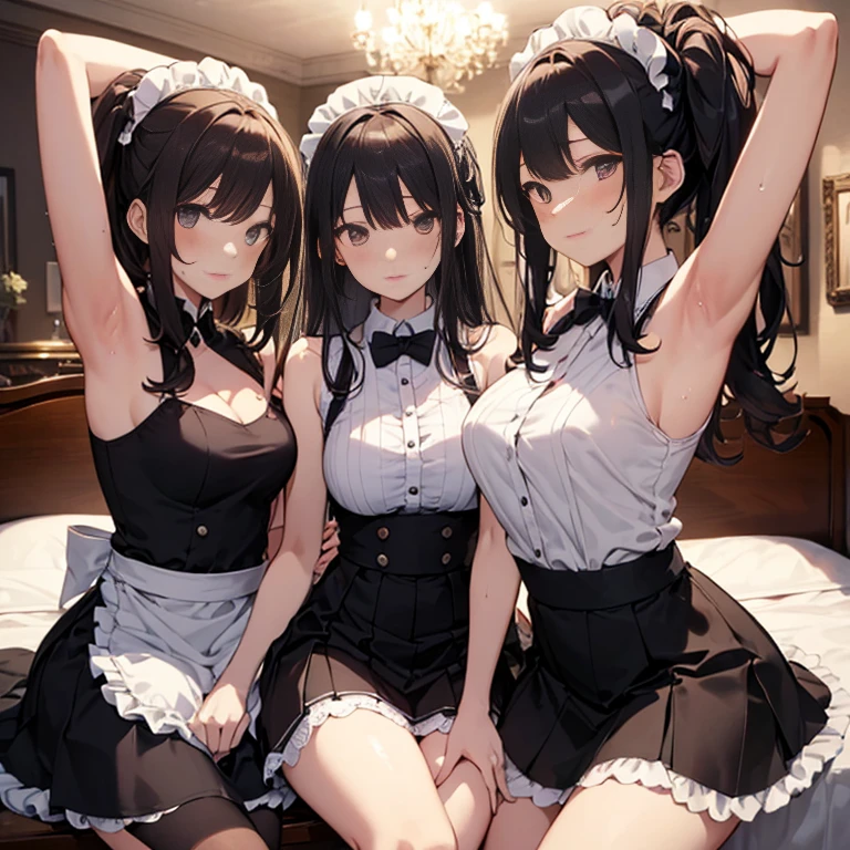 A group of maids, (in bedroom), various hair styles, harem, night, details face, short skirt, seducing, sleeveless, sweaty armpits