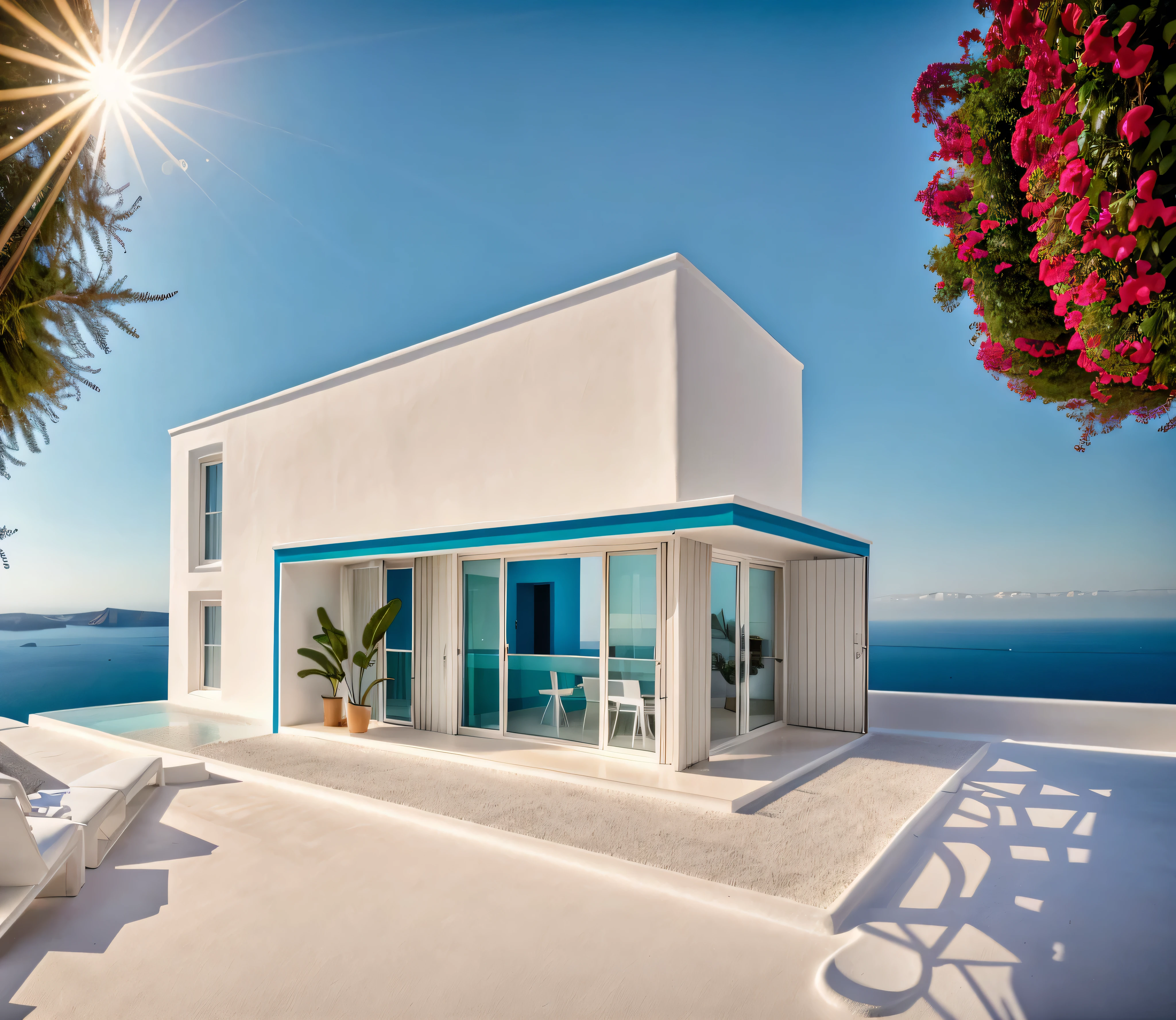 (1 maison de style Santorin, La maison de ville est faite de murs blancs et certains murs sont peints en bleu vif)), beautiful light, beauty day, sunny, Beaucoup de bougainvilliers rouges le long de la route:1.3, belle sensation de jeunesse :1.2, sun at noon, Very beautiful shadows