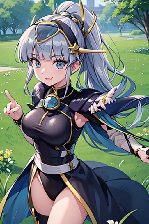 Ayaka, Solemn knight with ponytail、Gray Hair, In the middle of the field background, Add a touch of Knight Armor(0.7) To your charm. She has medium breasts and、She has a charming smile and hair accessories.、Wearing a black high-cut swimsuit、Solo