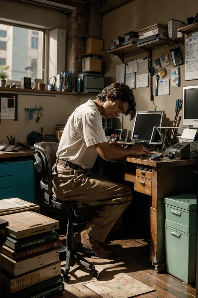 Leonardo sat in front of a messy work desk, staring at the computer screen in frustration because his work was not going smoothly.