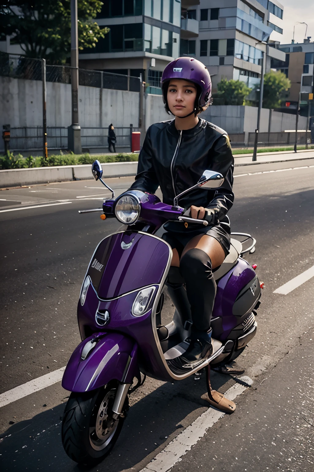 100 students using modern automatic Vespa,
illegal street racing,
on city highways,
with background,
written text,
" chaptoen kamissyou " ,
with the air brush technique,
red purple,
shiny