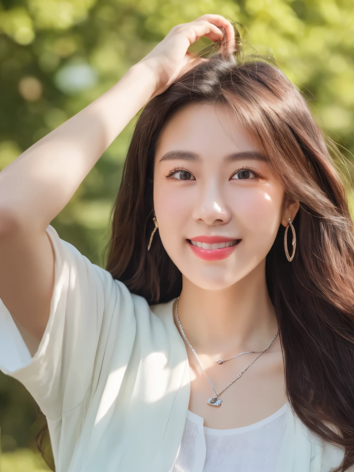 A photo of an Chinese woman about 35 years old, with long hair, a white shirt and necklace taking a selfie outside with a happy facial expression, in natural lighting, wearing silver earrings, with natural skin texture, with long straight brown hair tied back. --ar 49:65