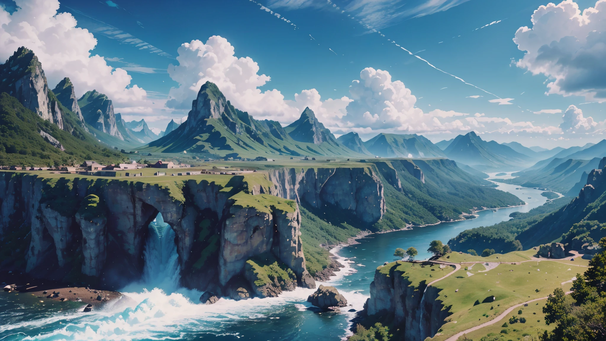 ({{highres,}},masterpiece,ultra-detailed,best quality,8k)cloud, sky, scenery, day, blue_sky, mountain, cloudy_sky, outdoors, waterfall, fantasy, horizon, cliff, rock, water, landscape, mountainous_horizon, ocean, tree, river, floating_island