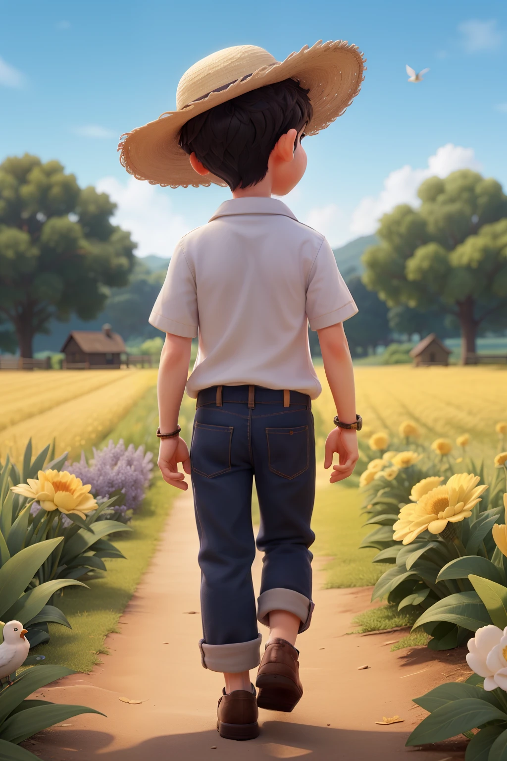 、boy、Looking up at the sky、White bird in the sky、field、walking、Back view、Straw hat、Sunburned skin、Holding hands with mom



