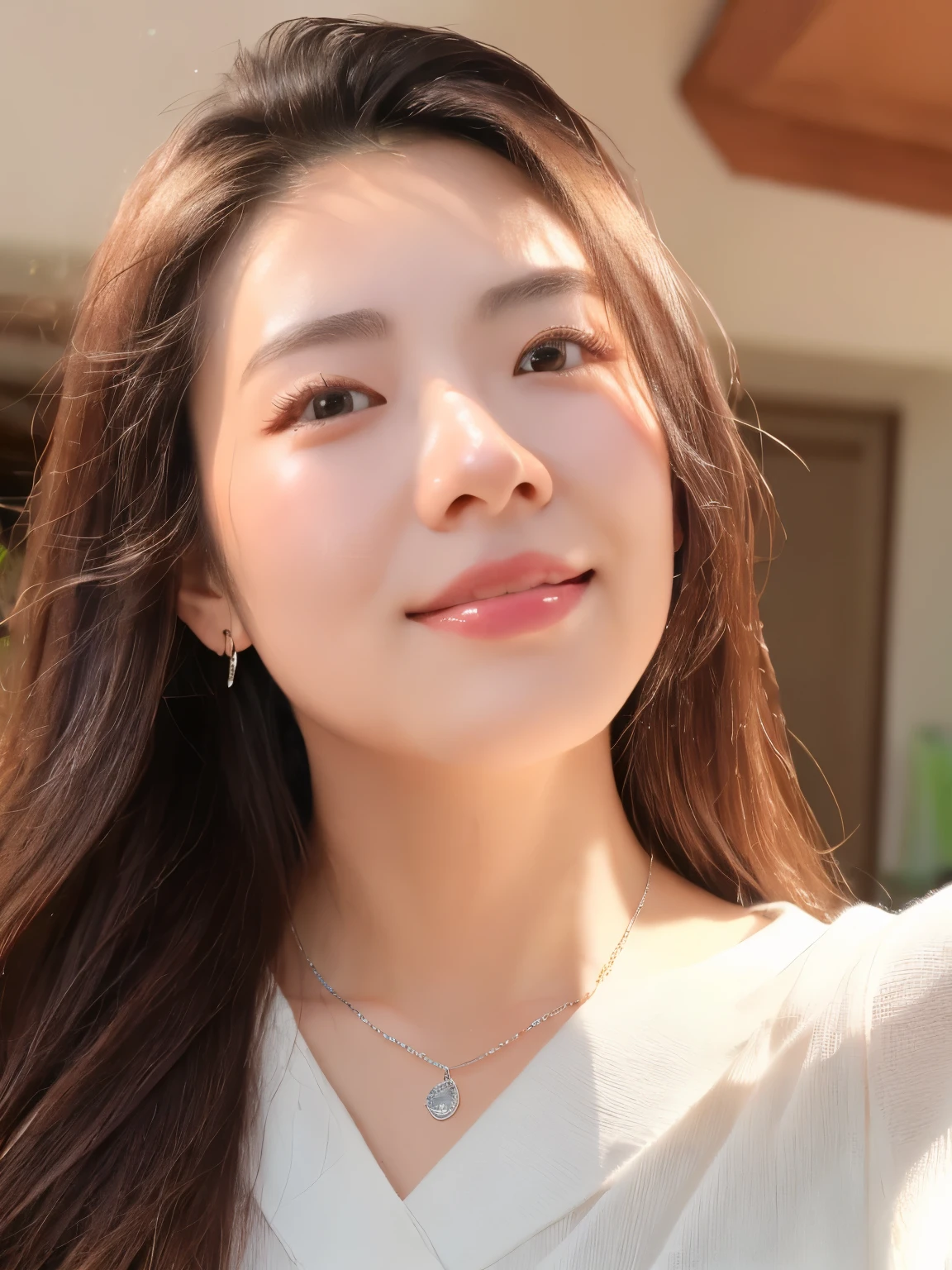 A photo of an Chinese woman about 35 years old, with long dark brown hair, shirt and necklace taking a selfie inside with a happy facial expression, in natural lighting, wearing silver earrings, with natural skin texture, with long straight brown hair tied back. --ar 49:65
