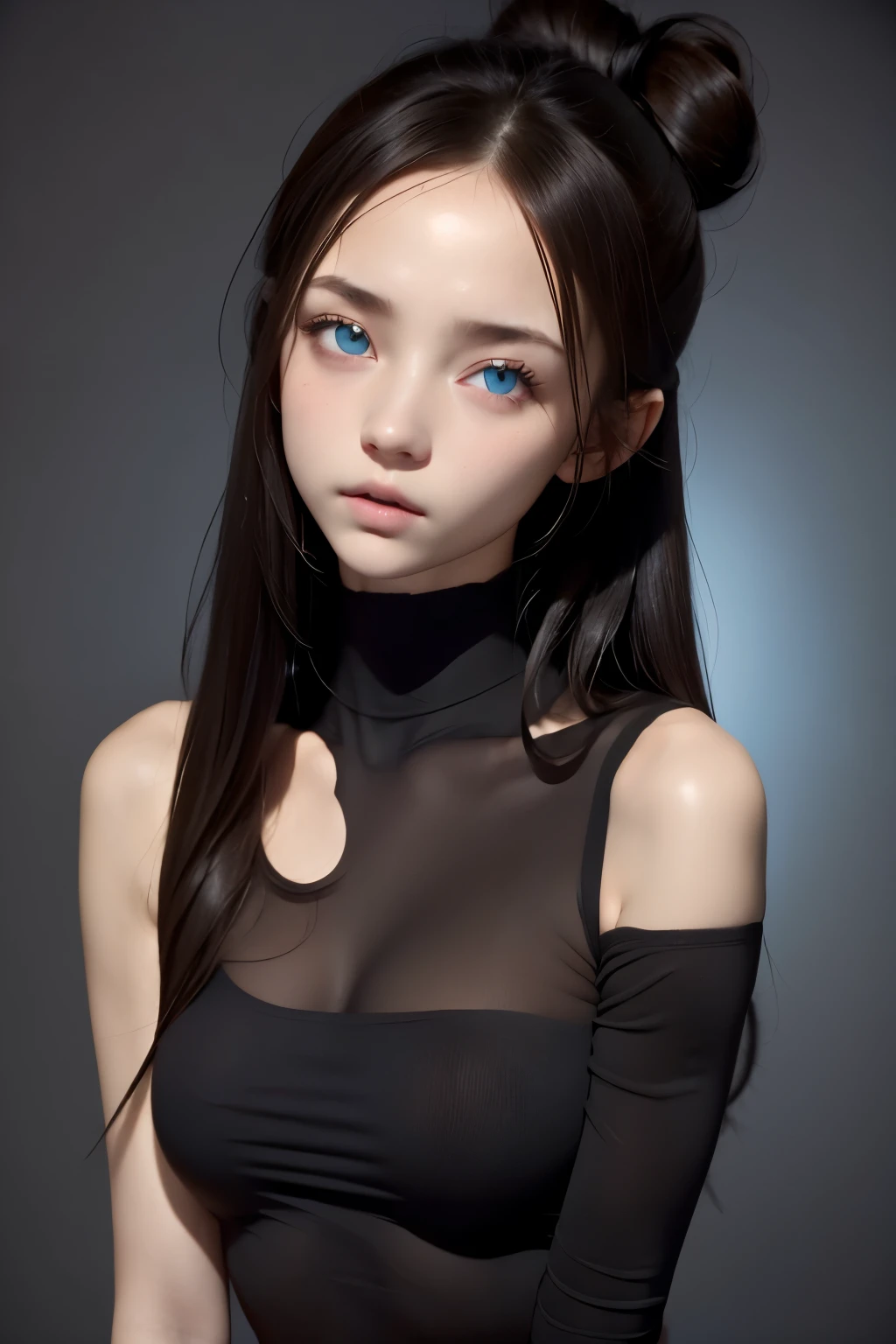Skin Tight Black Top:1.2, Looking at Viewer, Cinematic lighting, Perfect, softlight, High resolution skin:1.2, Realistic skin texture, 14years、a small face、no-makeup、, off shoulders,Bust B Cup、Small cleavage, Blue eyes, Bun hair, dark brown hair、Bold poses、Geometric pattern background,Very flat and small bust,