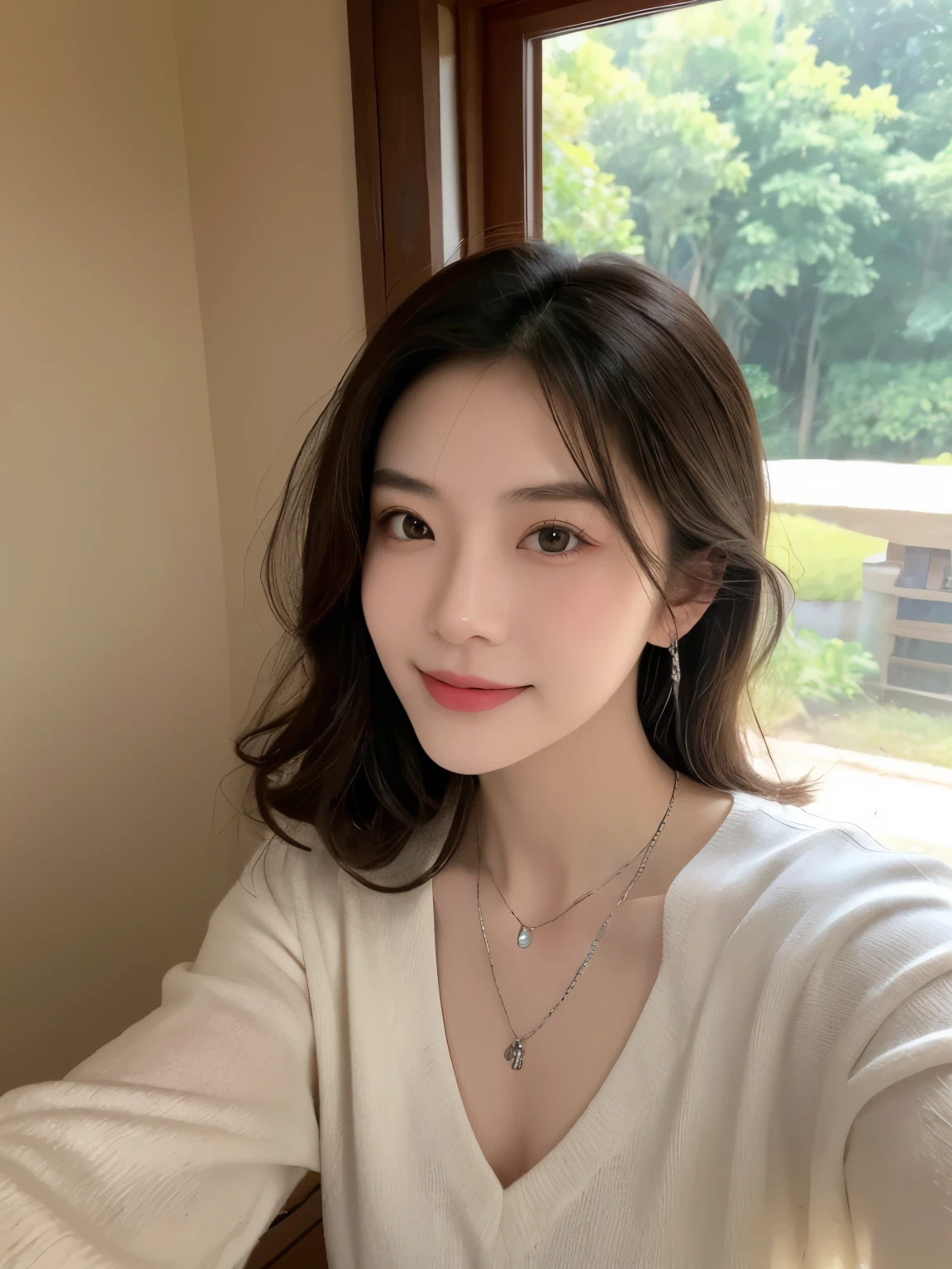 A photo of an Chinese woman about 35 years old, with long dark brown hair, shirt and necklace taking a selfie inside with a happy facial expression, in natural lighting, wearing silver earrings, with natural skin texture, with long straight brown hair tied back. --ar 49:65