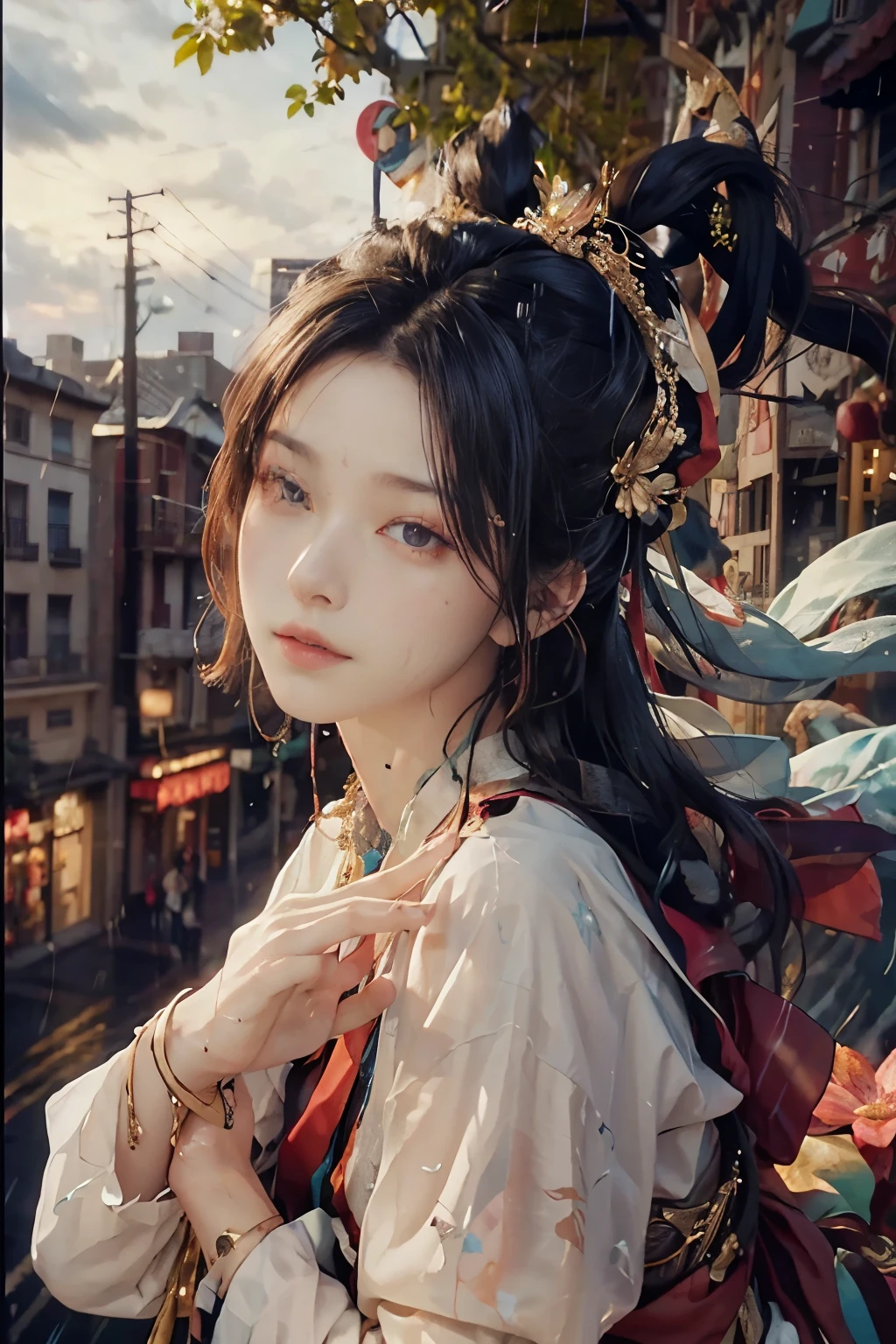 (Ridiculous, High Resolution, Ultra Detailed), 1 Girl, Solo, Mature, (Long Hair), Fanatic, Long Sleeves, Elegant, Holy, Colorful, Supreme Detail, Underwater, Floating Hair, Flowers, (Wet White Button Long Shirt: 1.1), (Rain, Street: 1.2), Wet: 1.5, Highly Detailed Face and Skin Texture, Detailed Eyes, Double Eyelids, Side Face Looking at the Camera, Three Heads and Six Arms, Mixed Sky Aya, Auspicious Clouds Floating