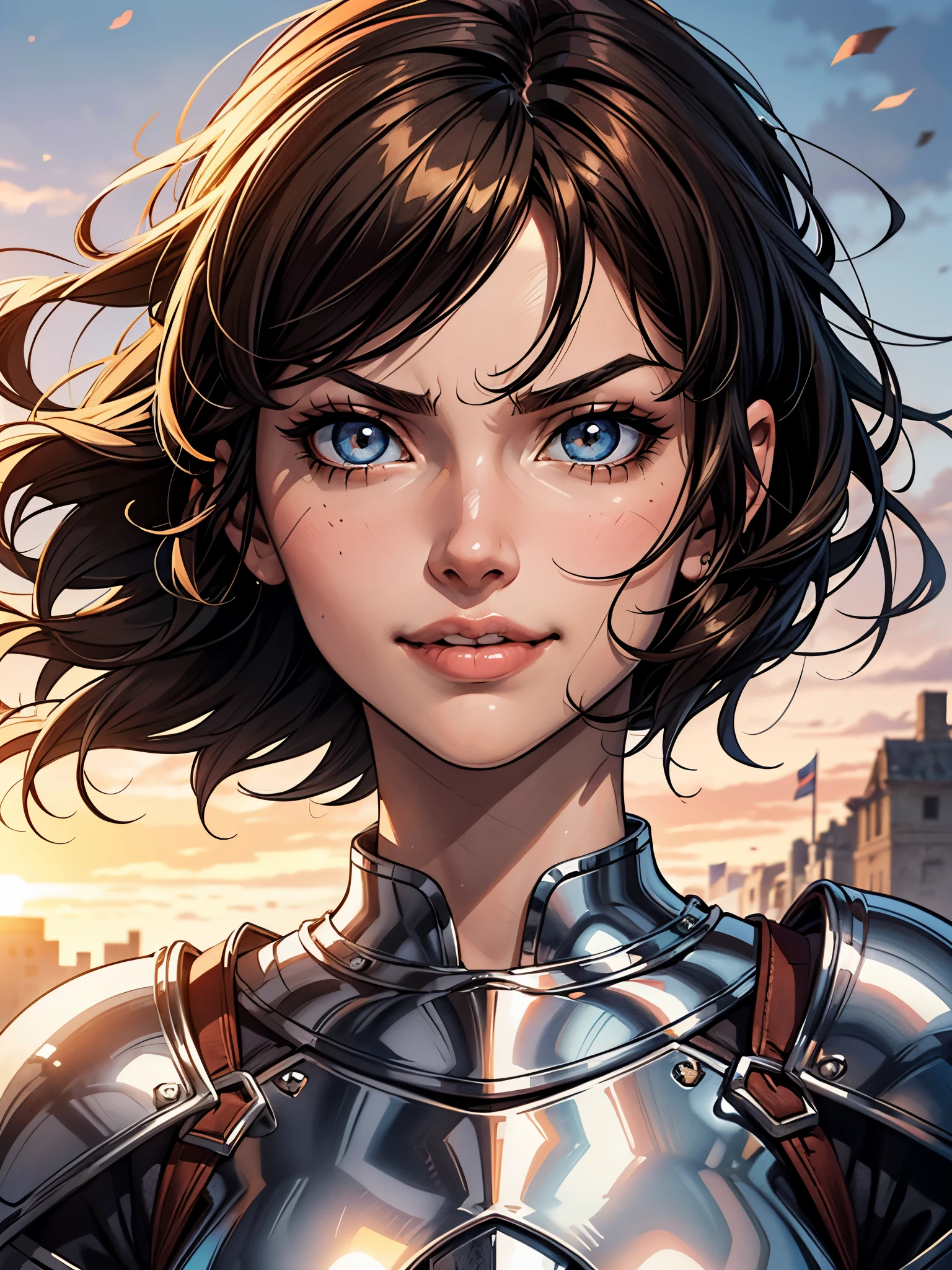(masterpiece), best quality, expressive eyes, perfect face, correct anatomy, (female knight in shining armor), brown skin, short hair, brunette, (Casca), sword ready, empty battlefield, brave, proud, strong, happy, dawn smirk, sultry look, seductive,