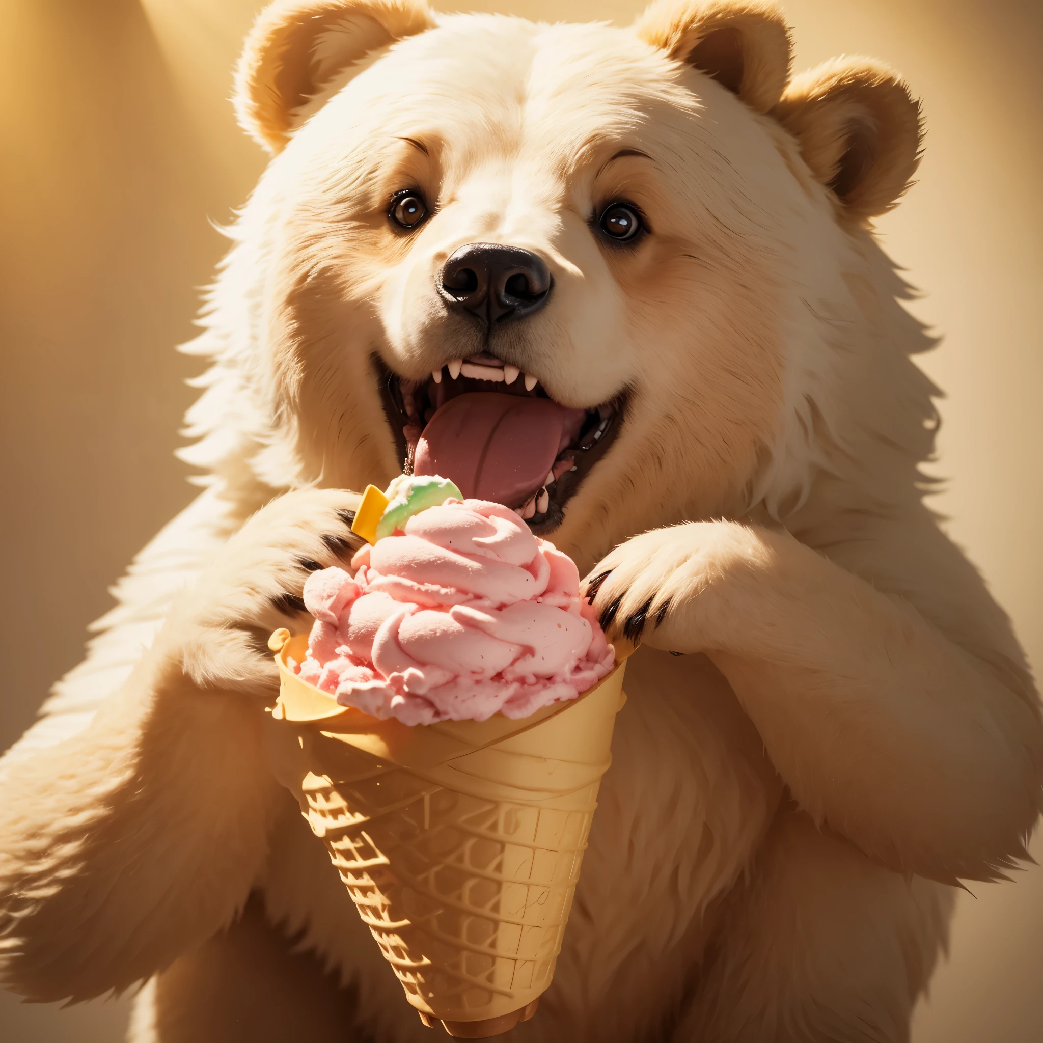 Whimsically funny looking bear happily eating very big torqoise color ice cream while laughing to the camera, hyper realistic, intricate details, soft lighting, golden composition ratio, white background