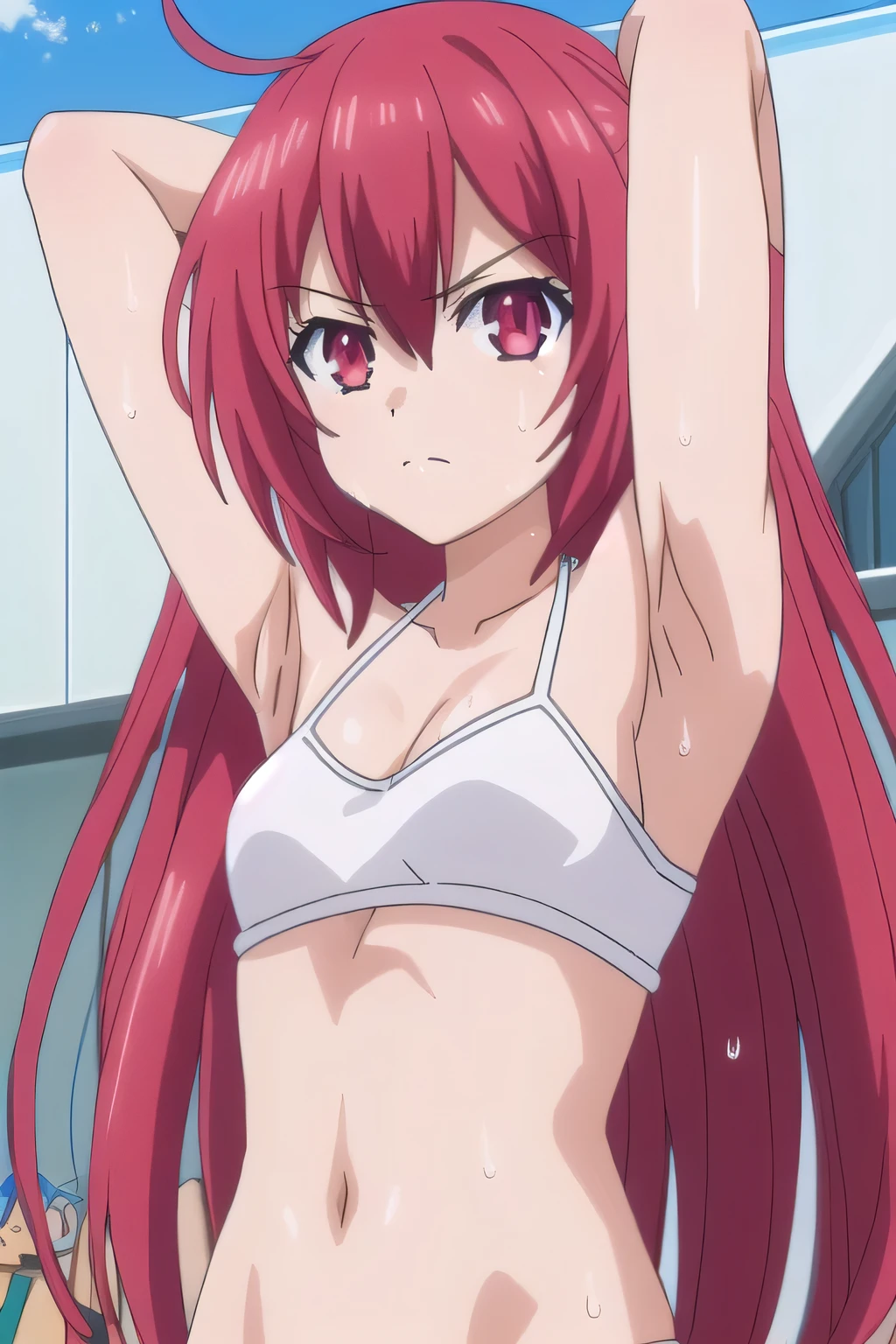 score_9, score_8_up, score_7_up, source_anime, 1girl, solo, 1girl, solo, long hair, looking at viewer, red eyes, red hair,
, indoors, arms behind head, (pixel-perfect, detail-perfect))), solo, 1girl, rem, bikini, camisole, solo, cowboy shot, spread arms, arms up, closed mouth, looking at viewer, detail, sweated A lot, warm body, sweat detail, angry face, spread armpit , all Body , focus armpit, slim, armpit crease , navel, muscle