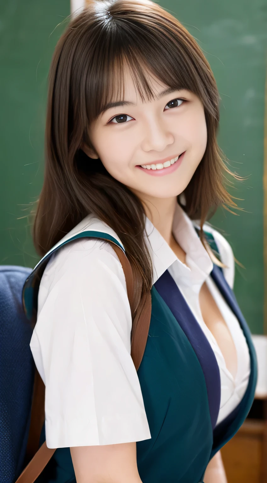 masterpiece,best quality,(Japanese schoolgirl),((Beautiful girl)),cleavage,((schoolroom)),the expression imagining what feels good:1.2,(perfect body beauty:1.2),((perfect body)),(shy smile),beautiful teeth,