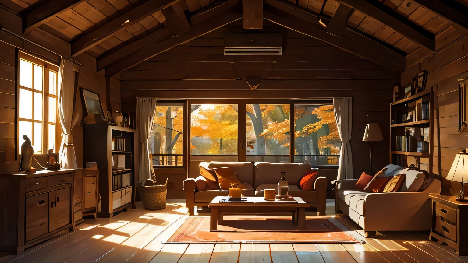 Draw a scene from an extremely comfortable place, situated in a rustic log cabin in the middle of a forest during autumn. A sala de estar deve ser o foco principal, with large windows that allow views of the trees whose leaves are in vibrant shades of orange and red.

Dentro, coloque uma lareira de pedra no centro, com um fogo aconchegante crepitando. Perto da lareira, add a wooden rocking chair with a plaid blanket over the back. No centro da sala, a large faux fur rug is spread on the floor, with a light brown leather sofa, filled with soft pillows and woolen blankets.

Sobre a mesa de centro de madeira, coloque uma caneca de chocolate quente, um prato de bolinhos caseiros e um livro aberto, sugerindo um momento de leitura e relaxamento. To the right of the fireplace, there should be a wooden shelf full of books and some plants in ceramic pots, bringing a touch of nature into the space.

As paredes da cabana devem ser de madeira clara, decoradas com fotos emolduradas de paisagens naturais e alguns desenhos infantis, adicionando um toque pessoal e acolhedor. A luz natural que entra pelas janelas, combined with soft lighting from a lamp next to the sofa, deve criar uma atmosfera quente e convidativa.

The objective is to capture an environment that exudes heat, paz e conforto, making whoever sees the image feel immersed in a serene and welcoming refuge.