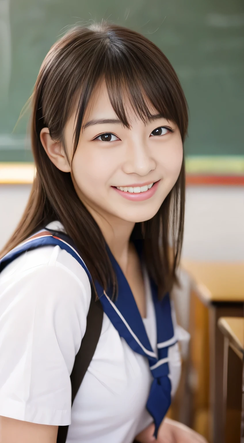masterpiece,best quality,(Japanese schoolgirl),((Beautiful girl))(18yo),cleavage,((schoolroom)),the expression imagining what feels good:1.2,(perfect body beauty:1.2),((perfect body)),(shy smile),beautiful teeth,
