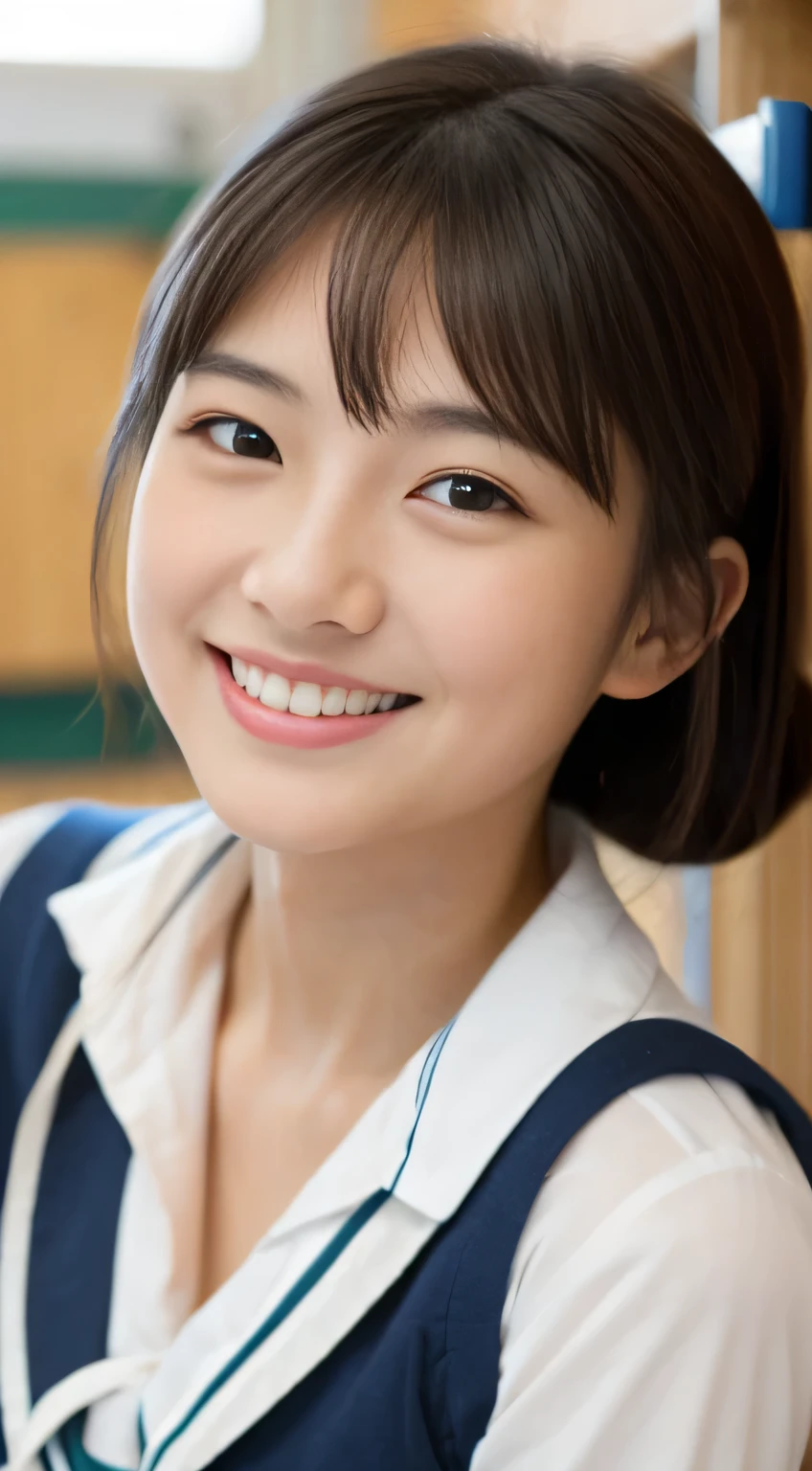 masterpiece,best quality,(Japanese schoolgirl),((Beautiful girl))(18yo),cleavage,((schoolroom)),the expression imagining what feels good:1.2,(perfect body beauty:1.2),((perfect body)),(shy smile),beautiful teeth,
