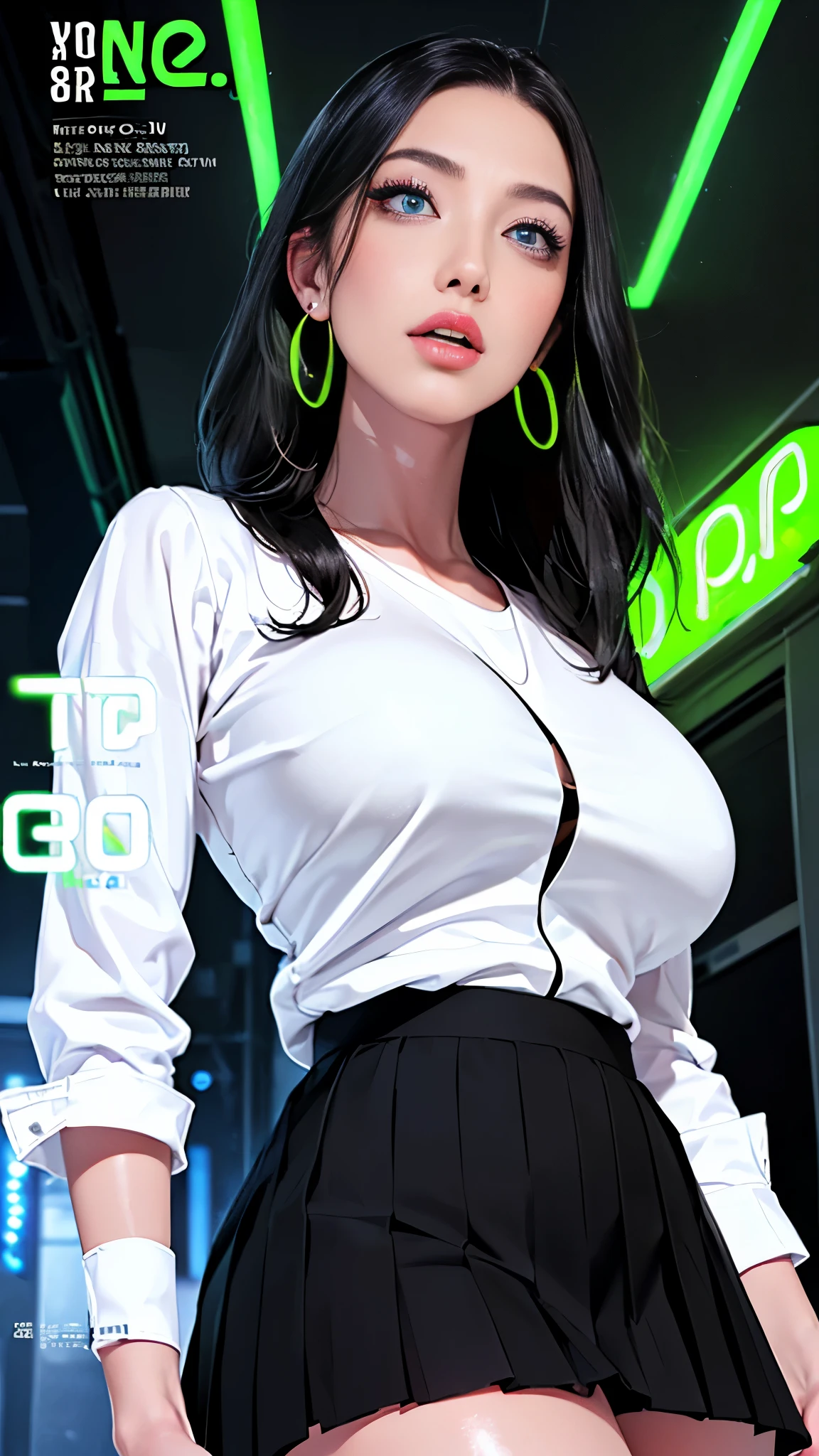 ((JAV cover:2.0, Large, POP title text:1.8)),(SFW:1.8, highest quality、highest quality、masterpiece、Ultra-high resolution, 8k, RAW Photos, Realistic: 1.4), (Safe and secure、All ages、safety sensor、Absolutely safe, safety), Ambient lighting to suit the space、From feet to head、One Girl, The body is slim、Oval Face, pore, (Multi-coloured contact lenses、Lip gloss, Long eyelashes), (Mega Size Super Big Breasts:1.5),
)
(Detailed pupil, Perfect Eyes:1.2), (Reflects light、Shiny clothes that show wrinkles:1.2), (Hoop Earrings), necklace, latex, Attractive perfect female proportions, Captivating smile, Fine surface texture, High girl、Captivating woman、short hair、Cream yellow and inner color hair color、(White shirt and black pleated skirt:1.8)、(A girl wearing a cream yellow cardigan)、(((Big Breasts))), Big cleavage、(Angle from below、Neon-lit nightclub corridor:1.8)