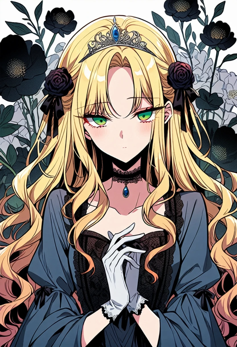 shoujo manga, (floral background), romance manhwa, BREAK (2girls:1.2), (aligned), silver hair, blonde hair, solo, long hair, flower, dress, (tiara), white dress, gloves, long sleeves, choker, (green eyes:1.2), red eyes, mascara, makeup, white gloves, black bow, black flower, wavy hair, bow, jewelry, looking at viewer, white background, collarbone, puffy sleeves, silver accessories, upper body, parted bangs, very long hair, blue dress, frills, bangs, closed mouth, detailed eyes, gleaming skin, shiny glossy skin