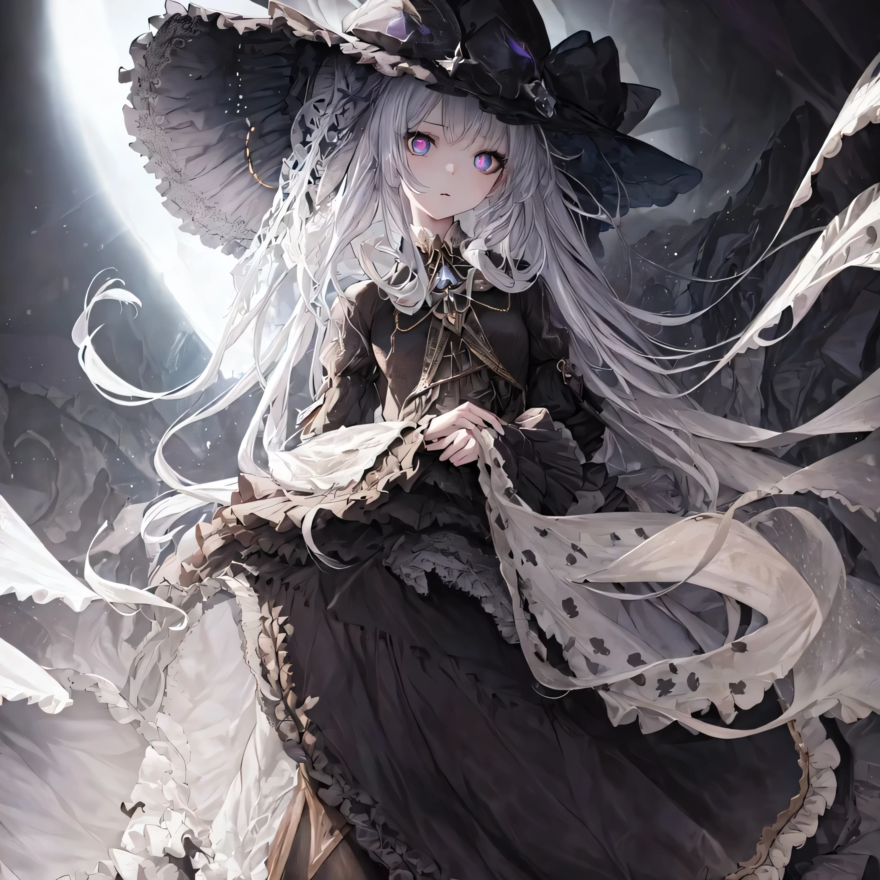 anime girl，Long white hair，wearing black hat, Gothic girl anime girl, Fashion Dark Witch, guweiz, guweiz on pixiv artstation, Beautiful fantasy anime, Yoshitaka Amano Carol Barker, Anime Fantasy Artwork, guweiz on artstation pixiv, Anime fantasy illustration, Detailed digital animation art, Beautiful anime artwork