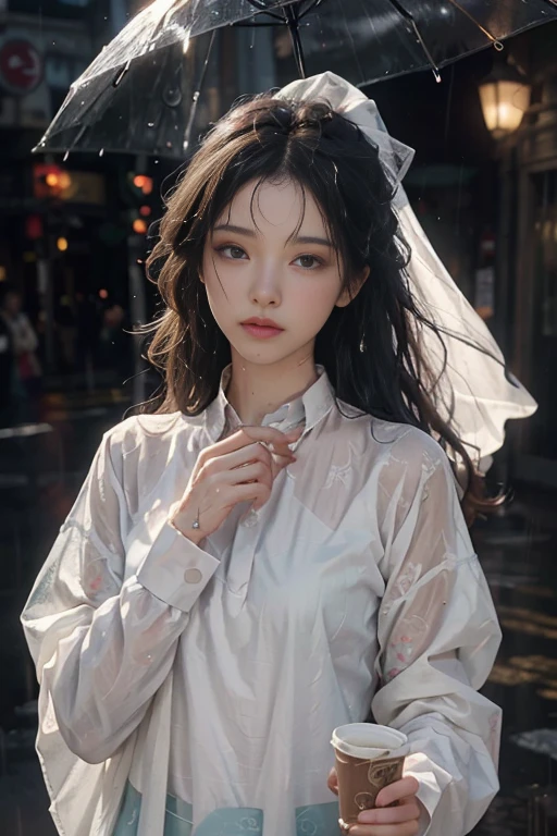(Ridiculous, High Resolution, Ultra Detailed), 1 Girl, Solo, Mature, (Long Hair), Fanatic, Long Sleeves, Elegant, Holy, Colorful, Supreme Detail, Underwater, Floating Hair, Flowers, (Wet White Button Long Shirt: 1.1), (Rain, Street: 1.2), Wet: 1.5, Highly Detailed Face and Skin Texture, Detailed Eyes, Double Eyelids, Side Face Looking at the Camera, Three Heads and Six Arms, Mixed Sky Aya, Auspicious Clouds Floating,Nipples,Beautiful small breasts,