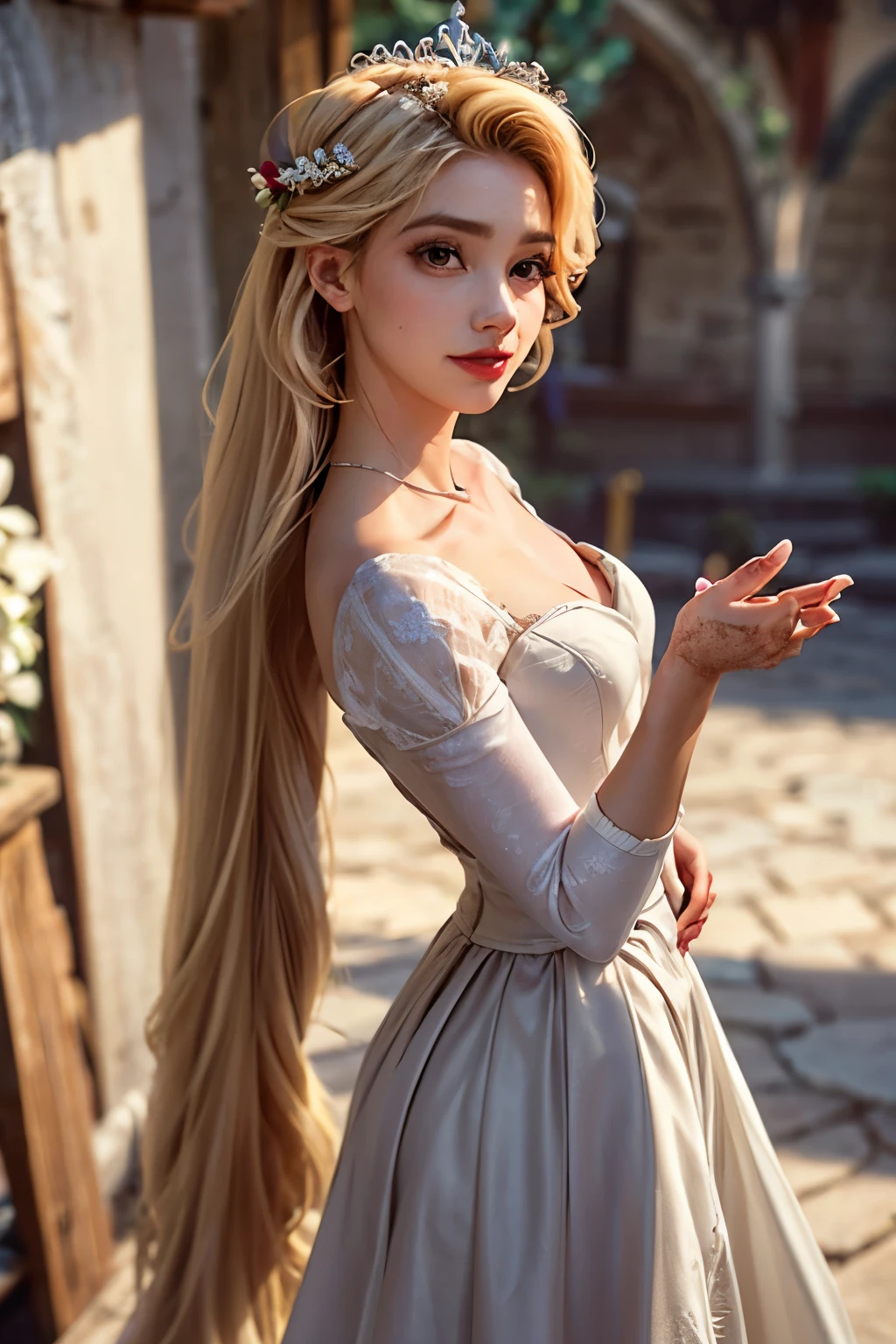 woman, Rapunzel, (Long Hair:1.4), (very Long Hair:1.45), (absurdly Long Hair:1.5), Blonde Hair, smile, shy smile, High heels, Earrings, collar, (White Dress:1.5), (Wedding Crown:1.2), (Wedding dress:1.5), (Wedding dress:1.2), (flower:1.2), (a wedding ceremony:1.2), From behind,, (masterpiece, high quality, 最high quality:1.3), (Photorealism:1.3), (Dynamic Shadows, Dynamic Lighting:1.2), (Natural skin texture:1.5), (Natural lips, Detailed lips:1.3), (Natural Shadows, Detailed Shadows:1.5), (Hyperrealism, Soft Light, sharp), (High resolution, Ultra-detailed:1), (Intricate details:0.8), Fine grain, Detailed Hair, Detailed skin, 8k, (Cinematic look:1.4), Insane Details, Intricate details, Ultra-detailed, Low contrast, Soft cinematic light, Exposure Blending, High resolution, Faded, Slate gray atmosphere, (All details), 