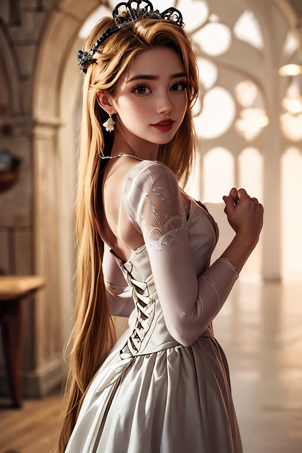 woman, Rapunzel, (Long Hair:1.4), (very Long Hair:1.45), (absurdly Long Hair:1.5), Blonde Hair, smile, shy smile, High heels, Earrings, collar, (White Dress:1.5), (Wedding Crown:1.2), (Wedding dress:1.5), (Wedding dress:1.2), (flower:1.2), (a wedding ceremony:1.2), From behind,, (masterpiece, high quality, 最high quality:1.3), (Photorealism:1.3), (Dynamic Shadows, Dynamic Lighting:1.2), (Natural skin texture:1.5), (Natural lips, Detailed lips:1.3), (Natural Shadows, Detailed Shadows:1.5), (Hyperrealism, Soft Light, sharp), (High resolution, Ultra-detailed:1), (Intricate details:0.8), Fine grain, Detailed Hair, Detailed skin, 8k, (Cinematic look:1.4), Insane Details, Intricate details, Ultra-detailed, Low contrast, Soft cinematic light, Exposure Blending, High resolution, Faded, Slate gray atmosphere, (All details),