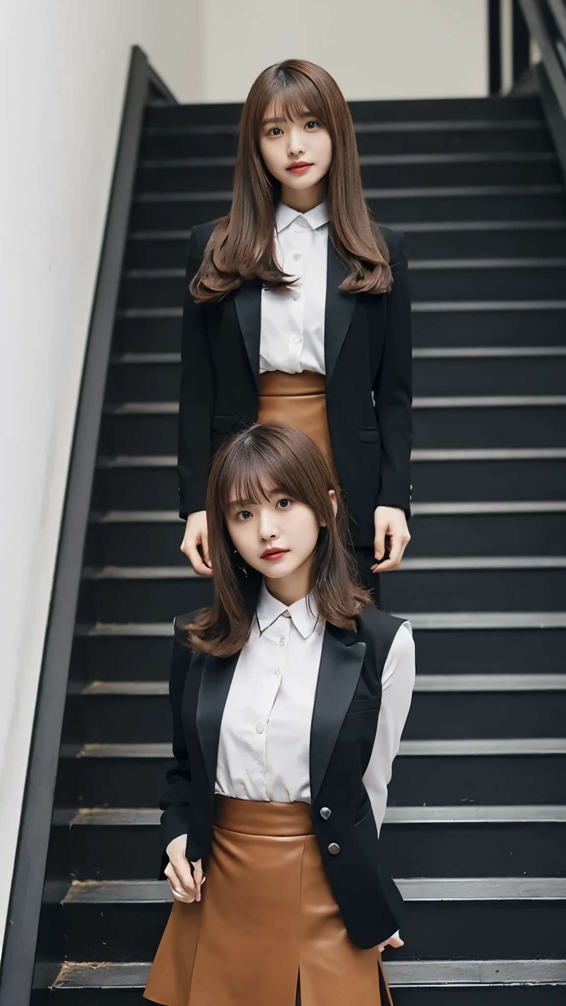 A Japanese woman wearing a black suit and white shirt posing on a staircase railing, Wearing a tight mini skirt、 Wearing a business jacket, 8k,  (Semi-long hair:1.3), (Light brown hair:1.3), Wearing high heels、Wearing thin black tights、