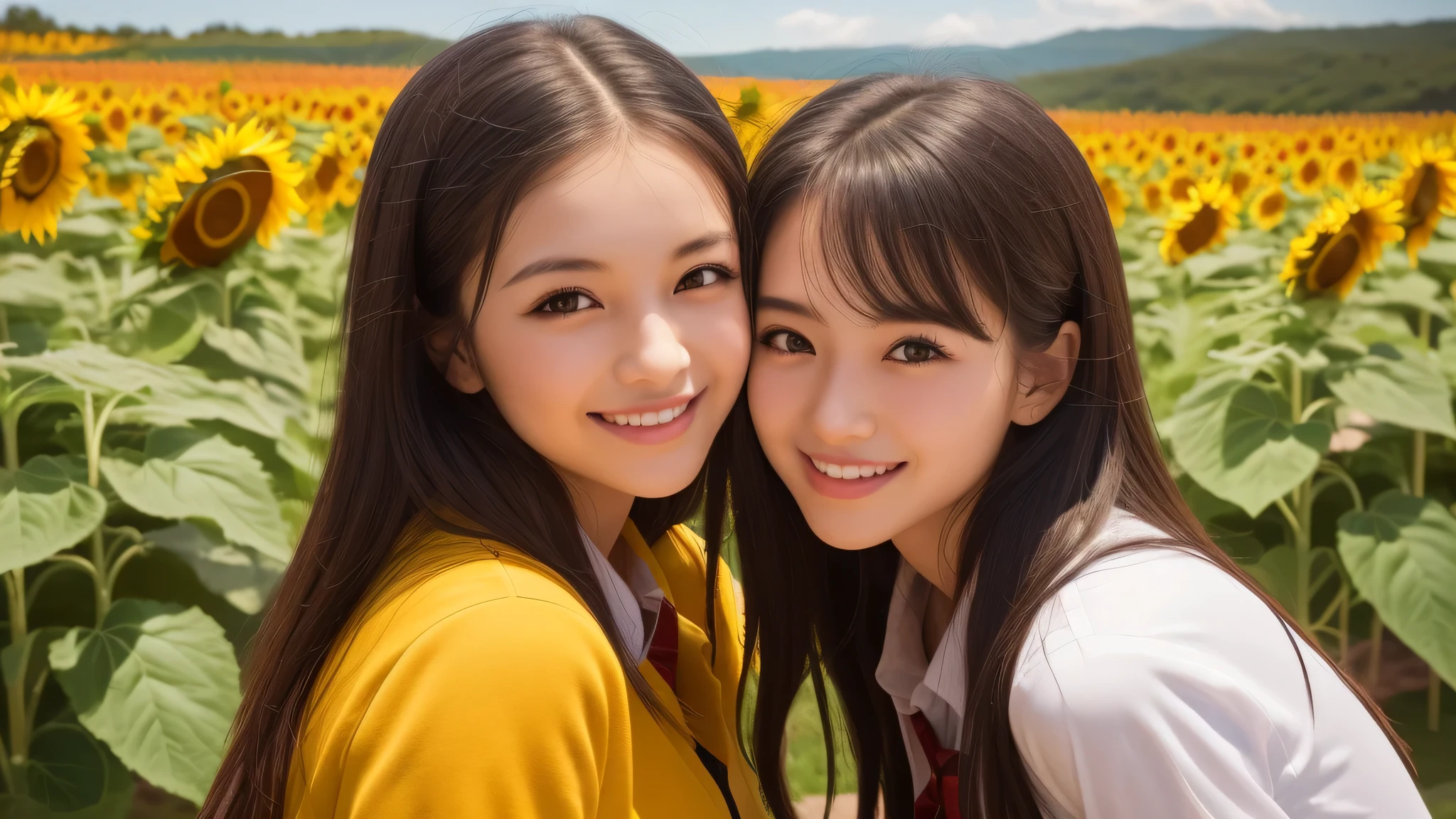 (2girl), refreshing smiles, (high school uniform), (Best Quality:1.4), Realistic, extremely detailed CG unified 8k wallpaper, highly detailed, High-definition raw color photos, professional photography, Realistic portrait, Beautiful detailed, Close up portrait of girl, Outdoors, Beautiful scenery, (Sunflowers spreading around, Surrounded by many sunflowers, A sea of sunflowers all around:1.3), (Fine face:1.2),