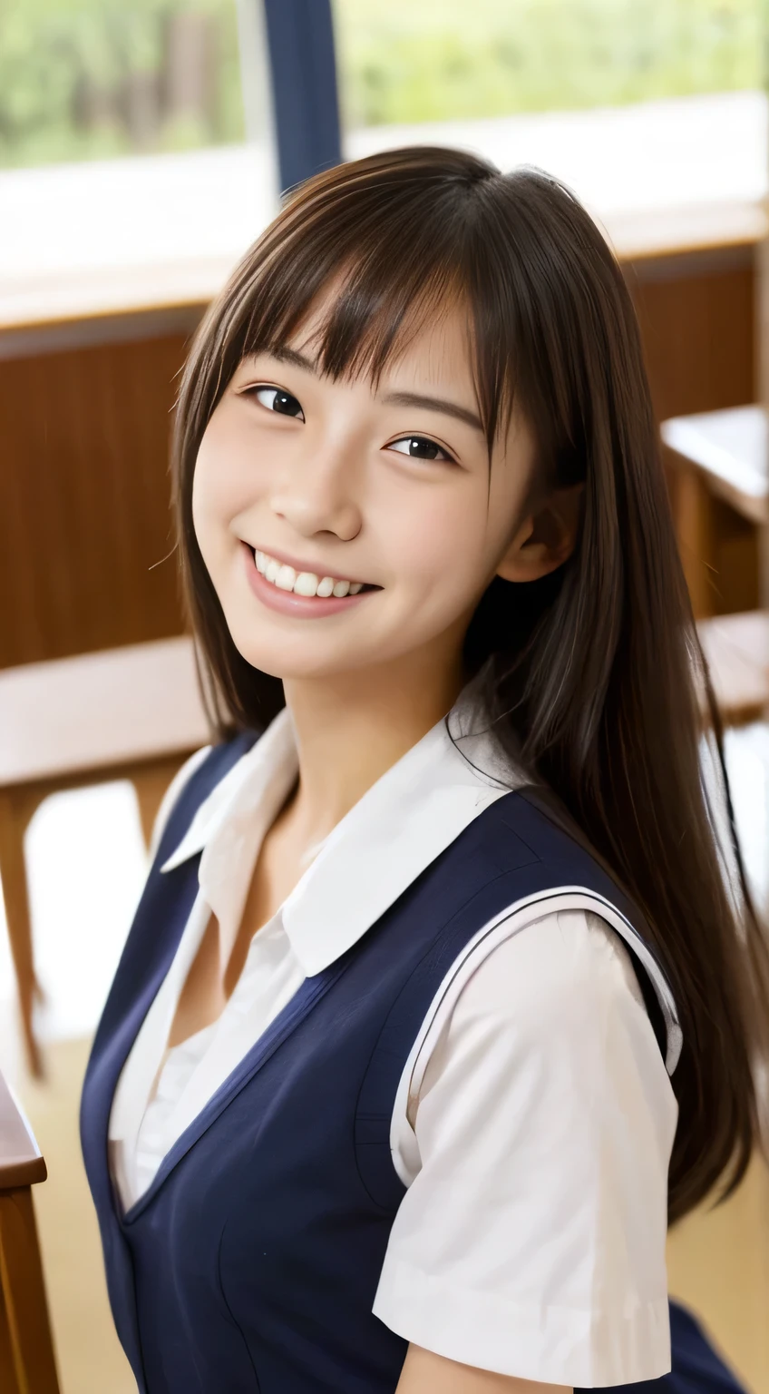 masterpiece,best quality,(Japanese schoolgirl),((Beautiful girl))(18yo),cleavage,((schoolroom)),the expression imagining what feels good:1.2,(perfect body beauty:1.2),((perfect body)),(shy smile),beautiful teeth,