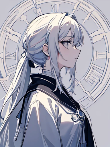masterpiece, Acura, One girl, alone, Wizard Robe, White hair in a long ponytail, Magic Weapons, Profile close-up, flower Line art background, Clock background, Monochrome, Line art, View Viewer, Grey Eyes, Thinking pose ((sketch))