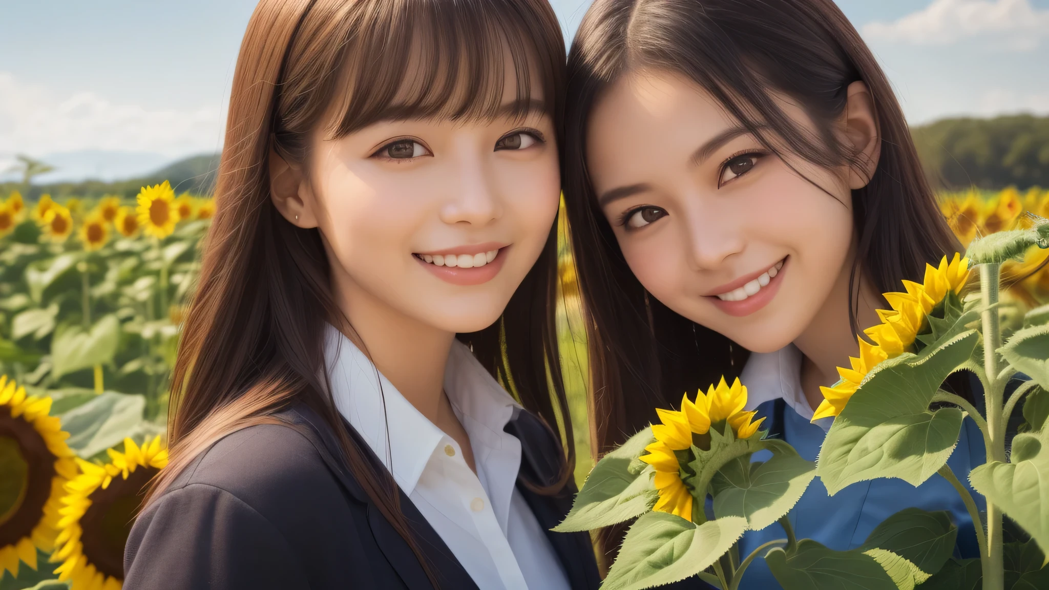 (2girl), refreshing smiles, (high school uniform), (Best Quality:1.4), Realistic, extremely detailed CG unified 8k wallpaper, highly detailed, High-definition raw color photos, professional photography, Realistic portrait, Beautiful detailed, Close up portrait of girl, Outdoors, Beautiful scenery, (Sunflowers spreading around, Surrounded by many sunflowers:1.3), The sight of many sunflowers blooming, (Fine face:1.2),