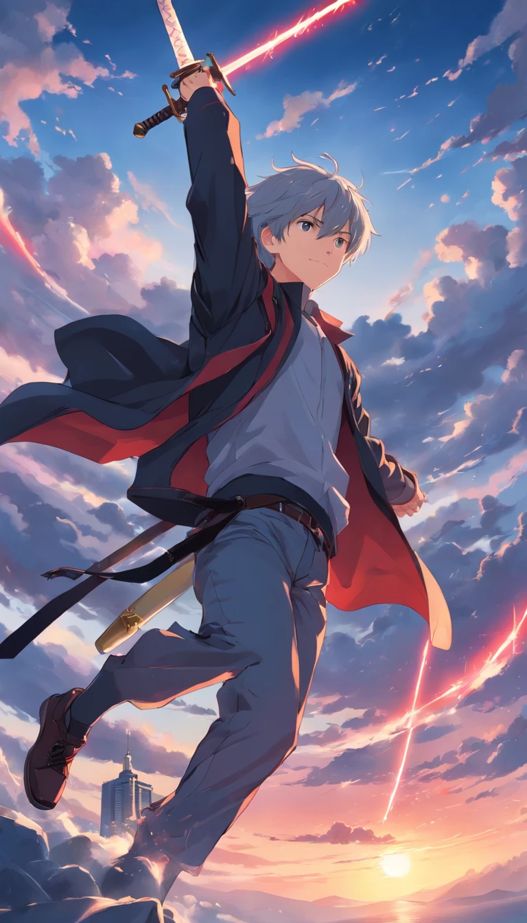 Gray-haired, The man with the red eyes is wearing a black jacket, Sword Formation，There are a lot of swords around，Top View，Sky Sky，Sword Formation